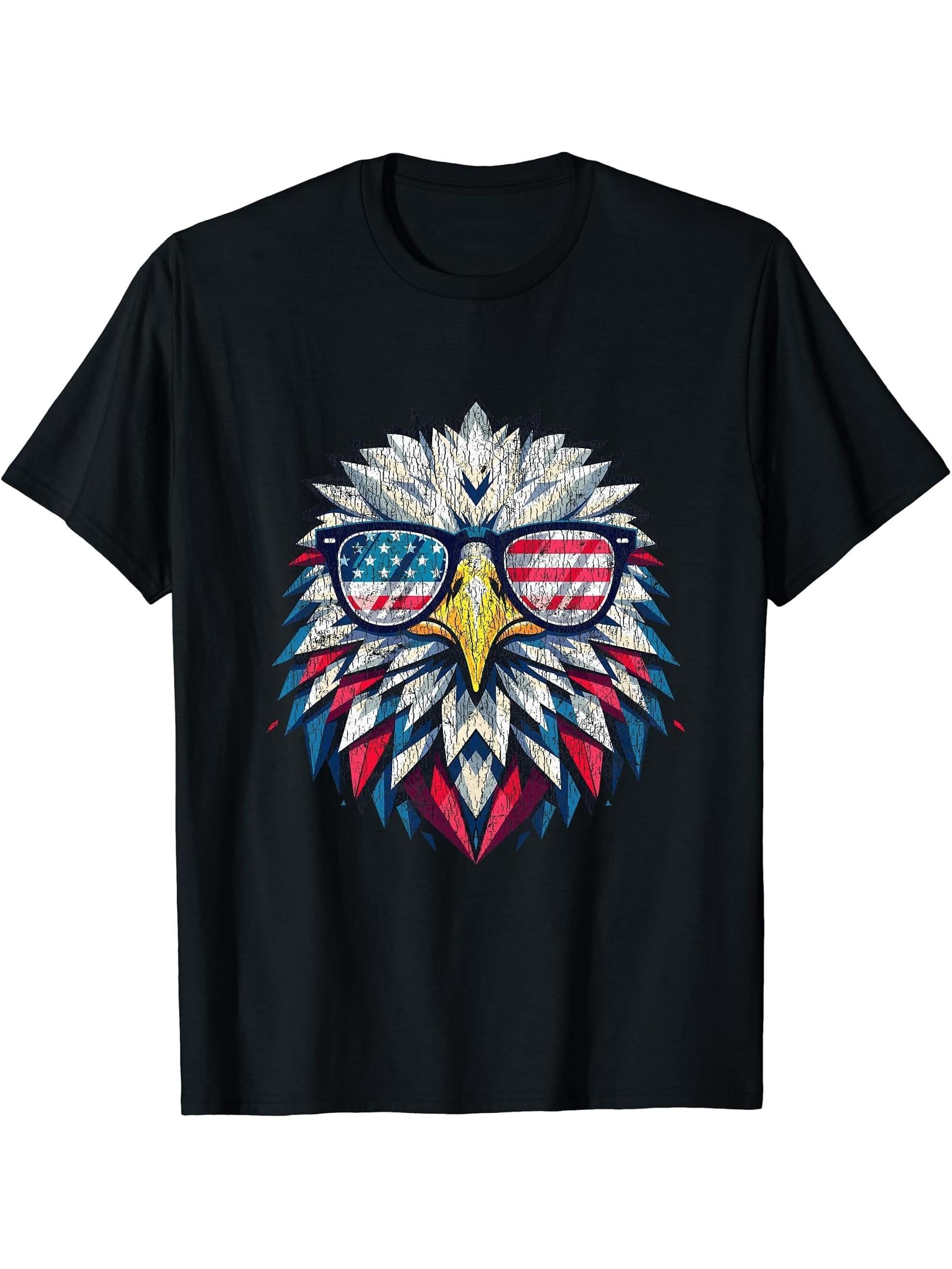 American Flag Patriotic 4th of July Bald Eagle Geometric T-Shirt 180G 100% Cotton Printed Round Neck Short-Sleeve T-Shirt, Gifts for Men Dad Husband Grandpa, S-XXXL, Black