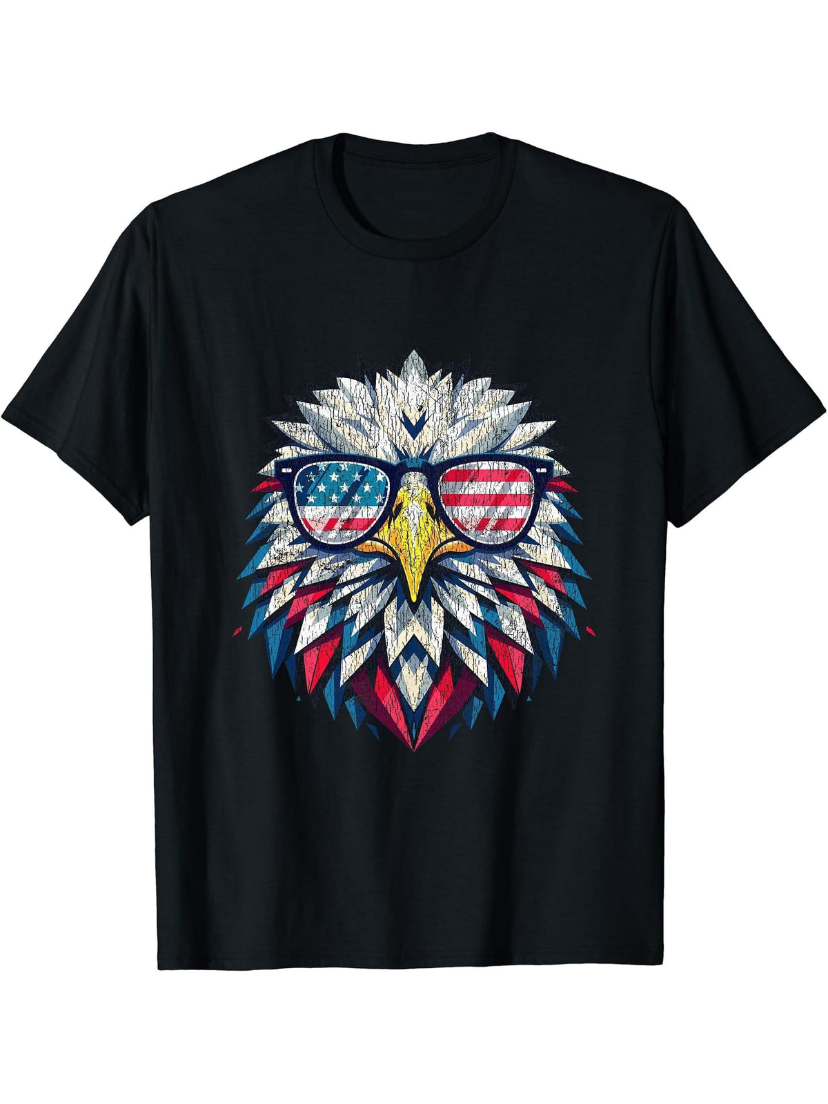American Flag Patriotic 4th of July Bald Eagle Geometric T-Shirt 180G 100% Cotton Printed Round Neck Short-Sleeve T-Shirt, Gifts for Men Dad Husband Grandpa, S-XXXL, Black