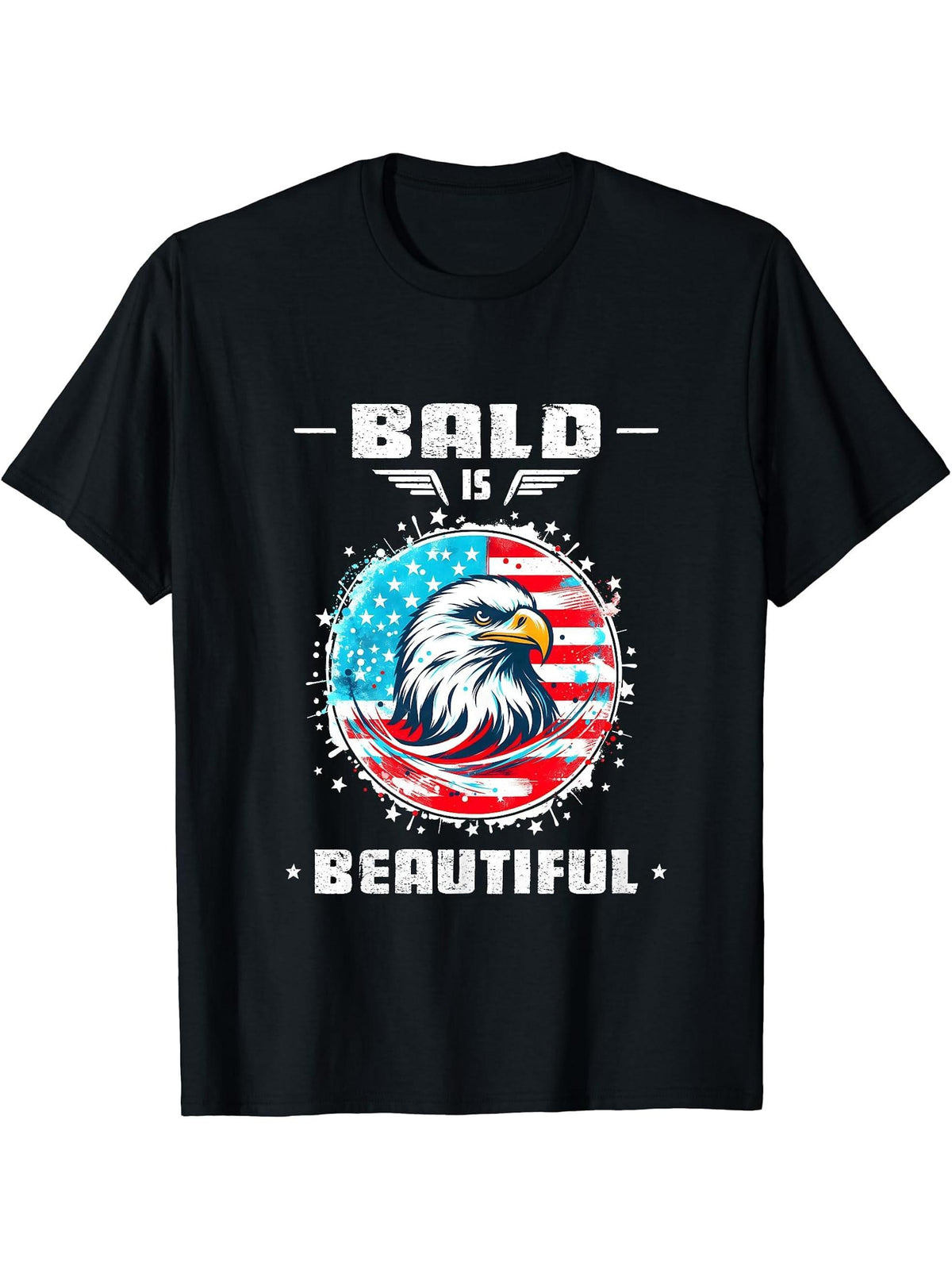 Bald Is Beautiful 4th of July Independence Day Bald Eagle T-Shirt 180G 100% Cotton Printed Round Neck Short-Sleeve T-Shirt, Gifts for Men Dad Husband Grandpa, S-XXXL, Black