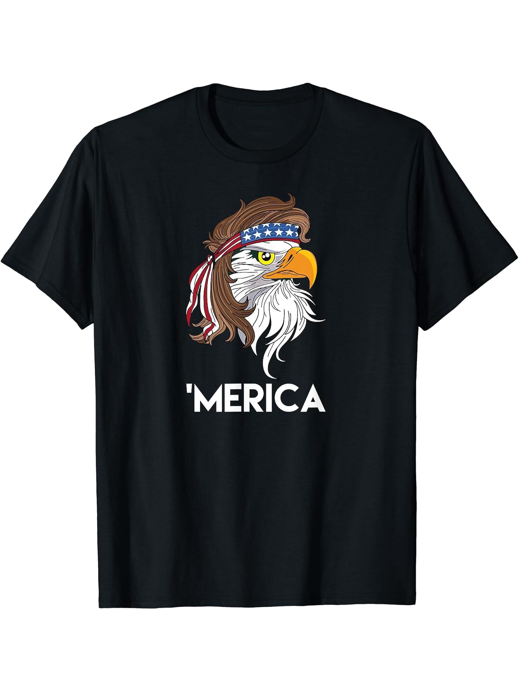 Merica Bald Eagle Mullet T Shirt 180G 100% Cotton Printed Round Neck Short-Sleeve T-Shirt, Gifts for Men Dad Husband Grandpa, S-XXXL, Black