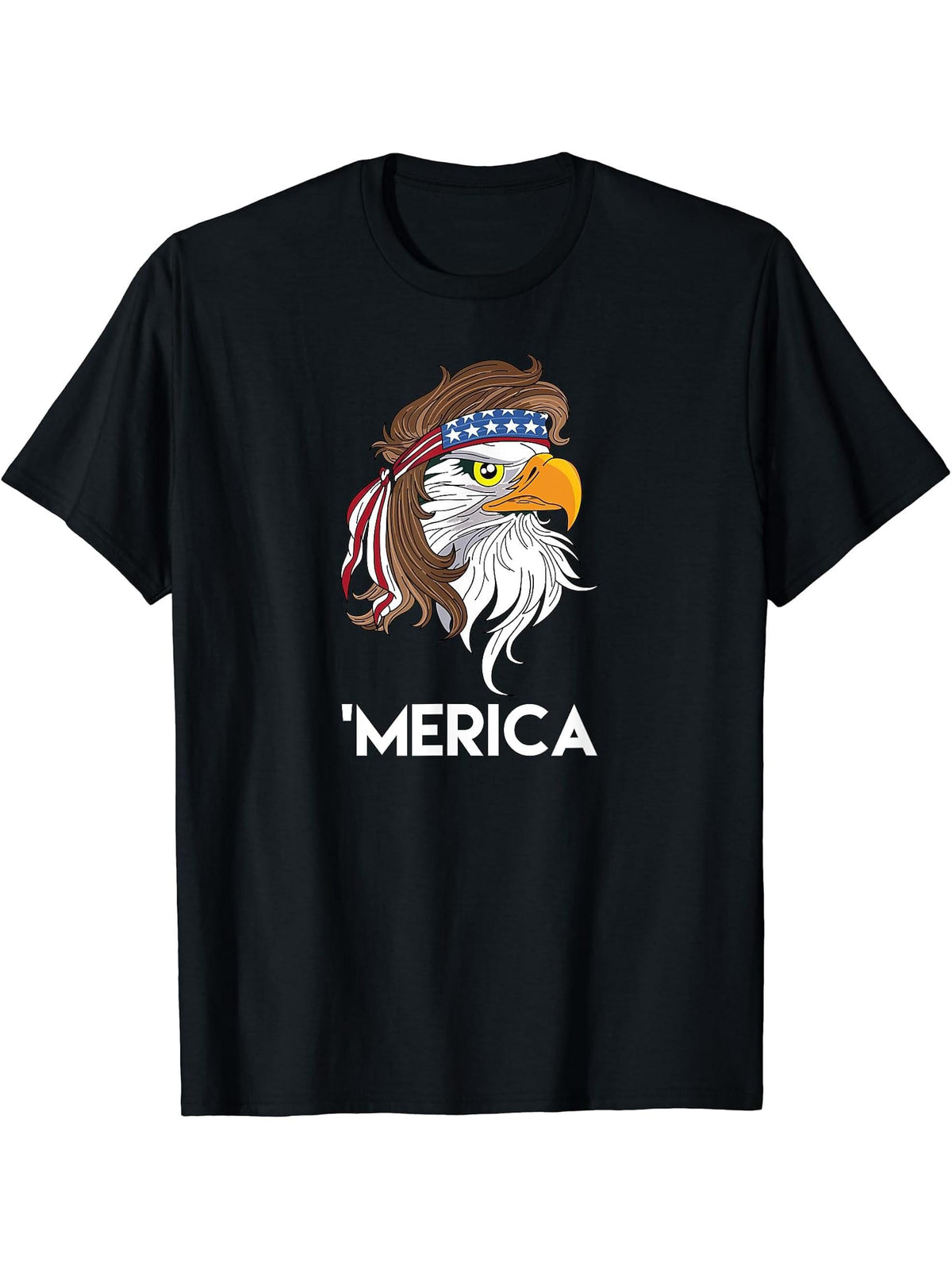 Merica Bald Eagle Mullet T Shirt 180G 100% Cotton Printed Round Neck Short-Sleeve T-Shirt, Gifts for Men Dad Husband Grandpa, S-XXXL, Black