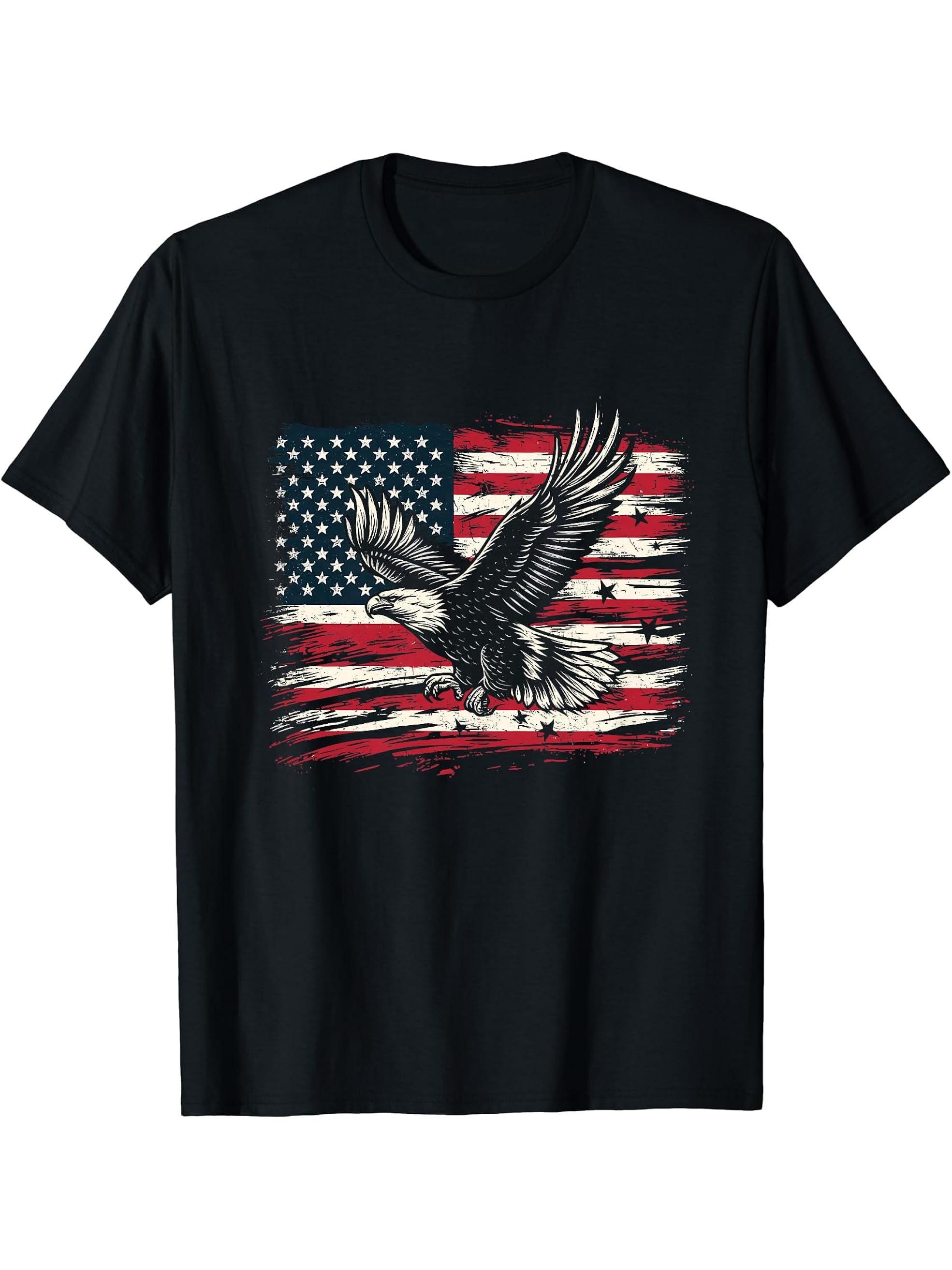 Bald Eagle USA Flag American 4th of July T-Shirt 180G 100% Cotton Printed Round Neck Short-Sleeve T-Shirt, Gifts for Men Dad Husband Grandpa, S-XXXL, Black