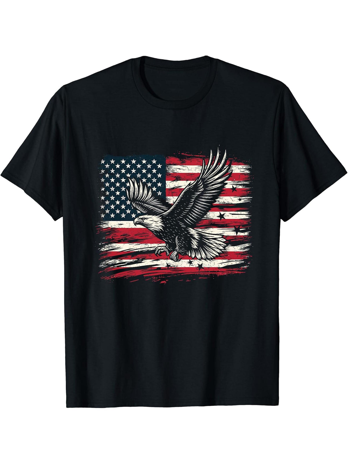 Bald Eagle USA Flag American 4th of July T-Shirt 180G 100% Cotton Printed Round Neck Short-Sleeve T-Shirt, Gifts for Men Dad Husband Grandpa, S-XXXL, Black