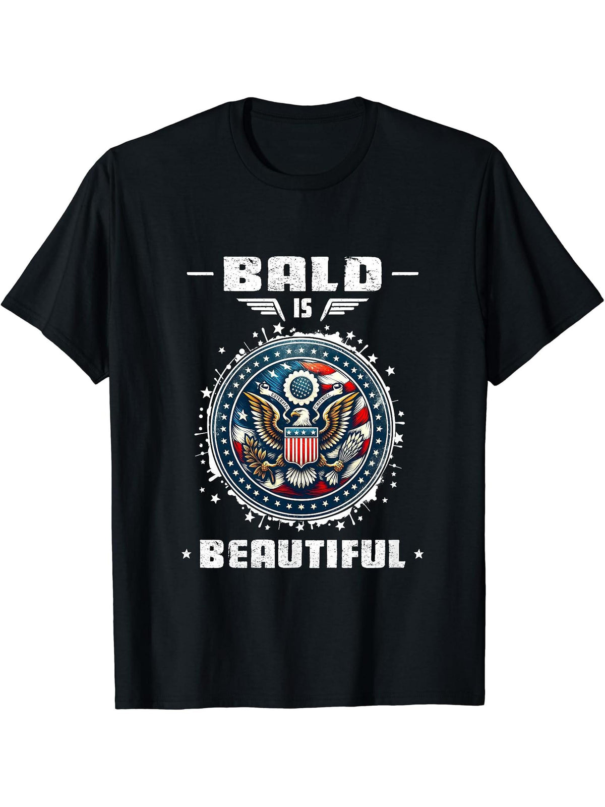 Bald Is Beautiful 4th of July Independence Day Bald Eagle T-Shirt 180G 100% Cotton Printed Round Neck Short-Sleeve T-Shirt, Gifts for Men Dad Husband Grandpa, S-XXXL, Black