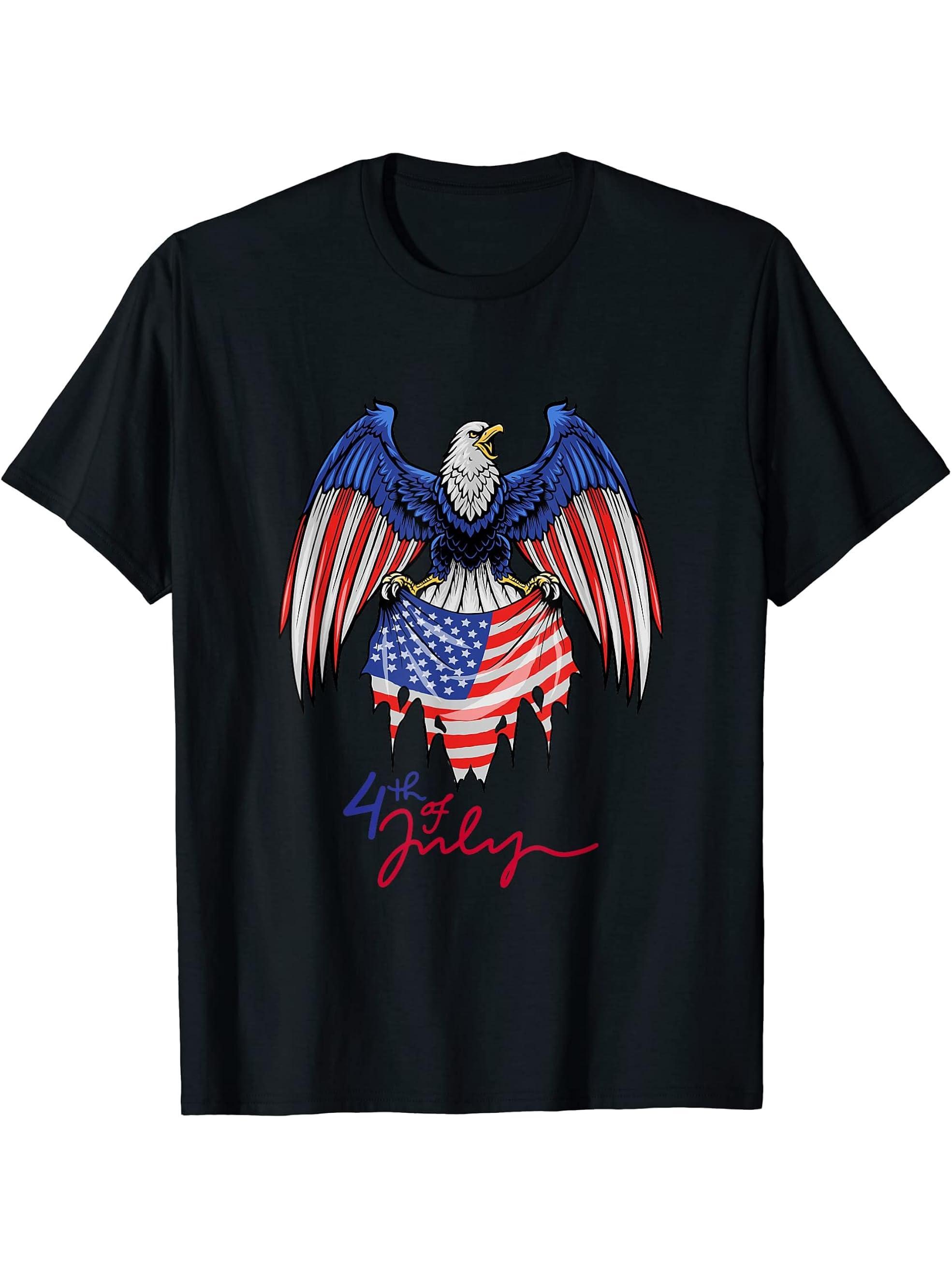 Bald Eagle with American Flag - Patriotic USA 4th of July T-Shirt 180G 100% Cotton Printed Round Neck Short-Sleeve T-Shirt, Gifts for Men Dad Husband Grandpa, S-XXXL, Black