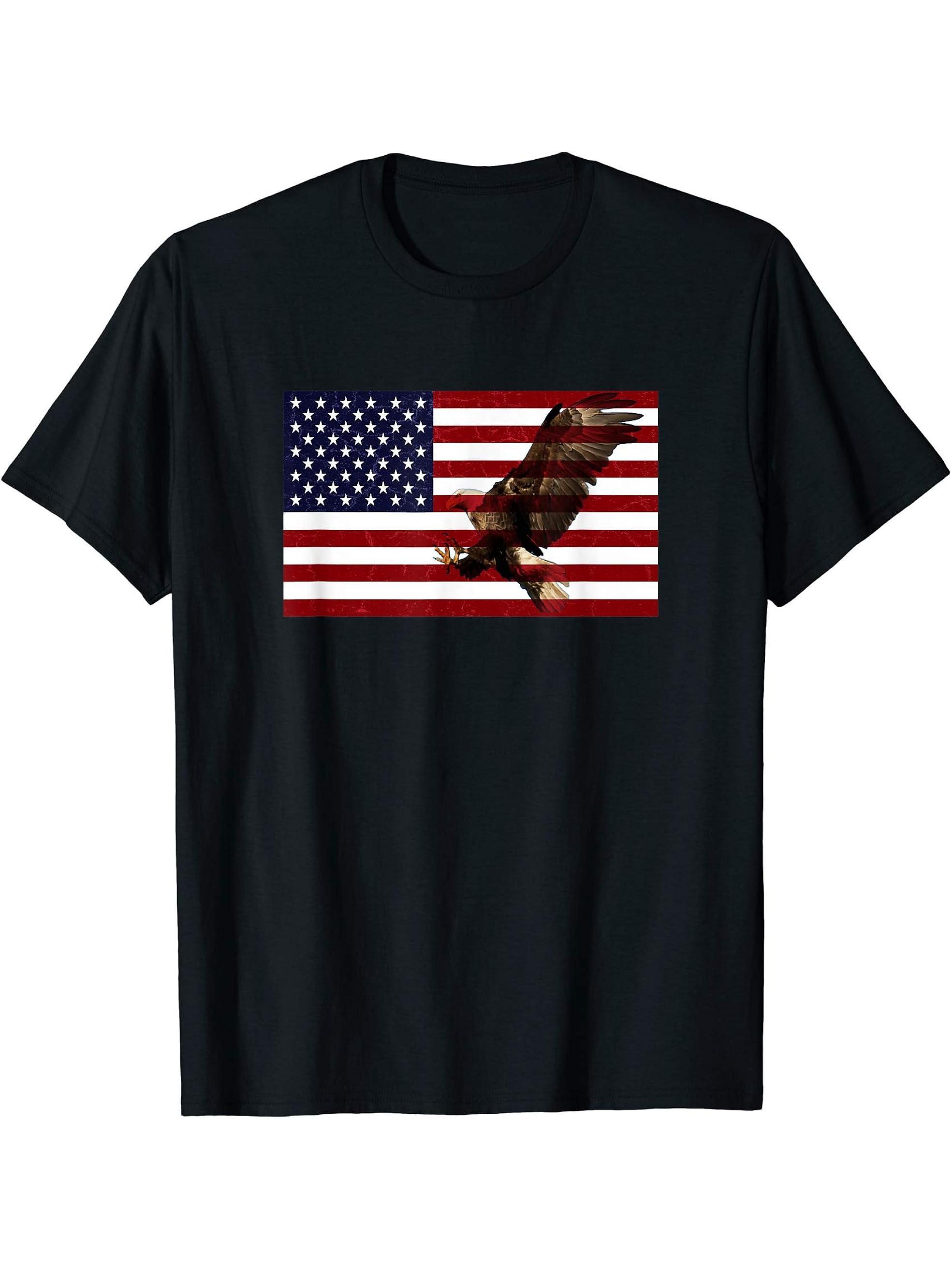 American Flag with Bald Eagle T-Shirt 180G 100% Cotton Printed Round Neck Short-Sleeve T-Shirt, Gifts for Men Dad Husband Grandpa, S-XXXL, Black