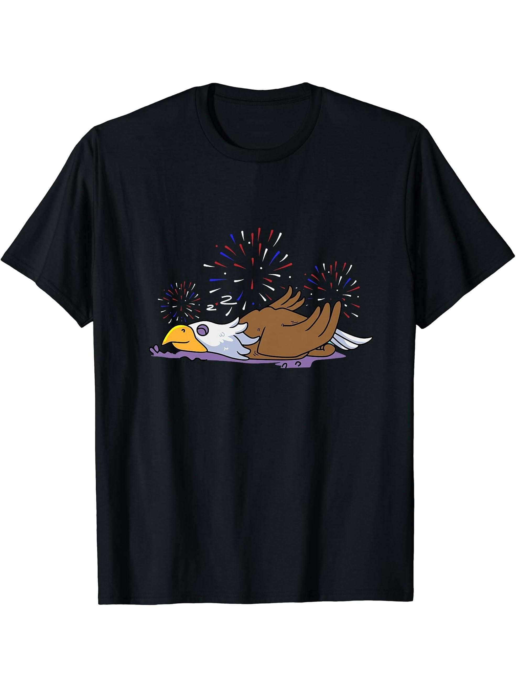 Bald Eagle 4th of July Funny Fireworks Patriotic Bird Lover T-Shirt 180G 100% Cotton Printed Round Neck Short-Sleeve T-Shirt, Gifts for Men Dad Husband Grandpa, S-XXXL, Black
