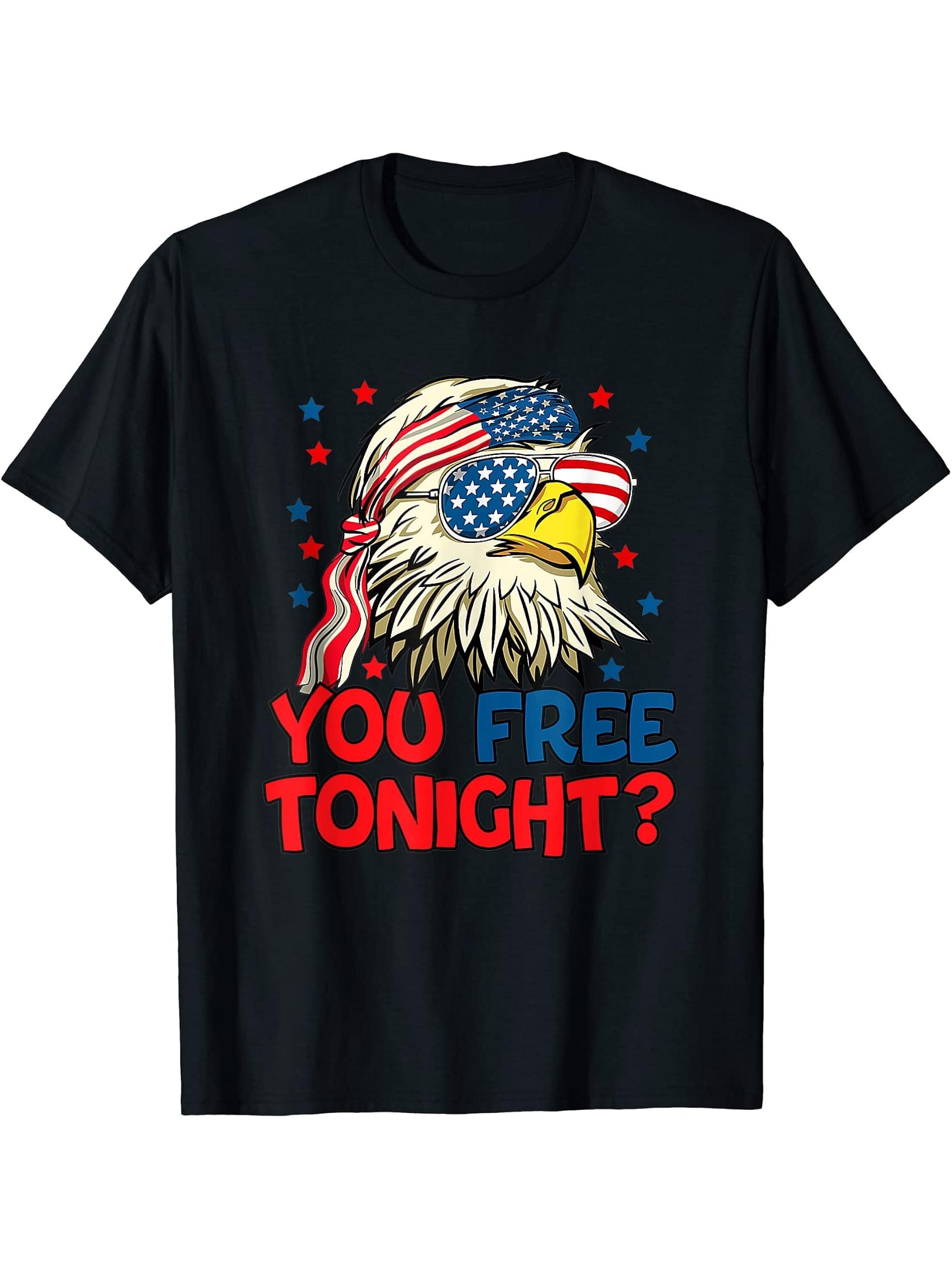 You Free Tonight Bald Eagle Mullet American Flag 4th Of July T-Shirt 180G 100% Cotton Printed Round Neck Short-Sleeve T-Shirt, Gifts for Men Dad Husband Grandpa, S-XXXL, Black
