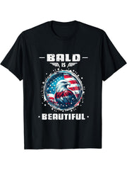Bald Is Beautiful 4th of July Independence Day Bald Eagle T-Shirt 180G 100% Cotton Printed Round Neck Short-Sleeve T-Shirt, Gifts for Men Dad Husband Grandpa, S-XXXL, Black