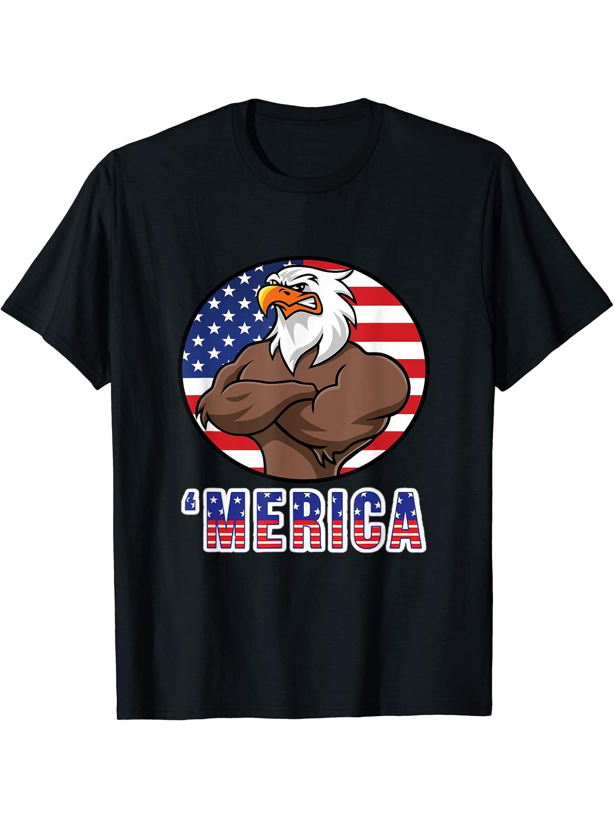 Bald Eagle 'Merica - Patriotic America USA 4th of July T-Shirt 180G 100% Cotton Printed Round Neck Short-Sleeve T-Shirt, Gifts for Men Dad Husband Grandpa, S-XXXL, Black