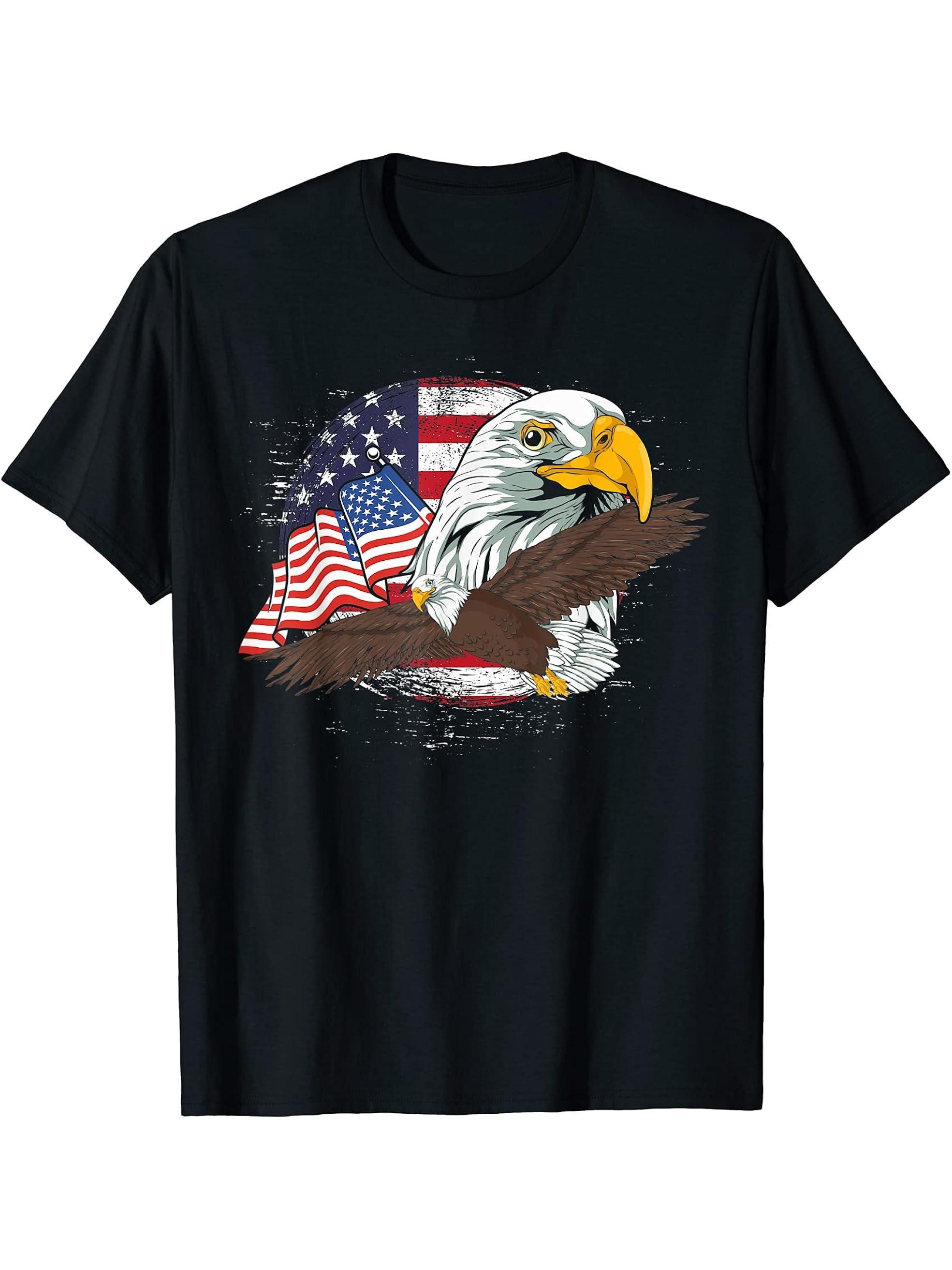 USA Flag 4th Of July Liberty Patriotic American Bald Eagle T-Shirt 180G 100% Cotton Printed Round Neck Short-Sleeve T-Shirt, Gifts for Men Dad Husband Grandpa, S-XXXL, Black