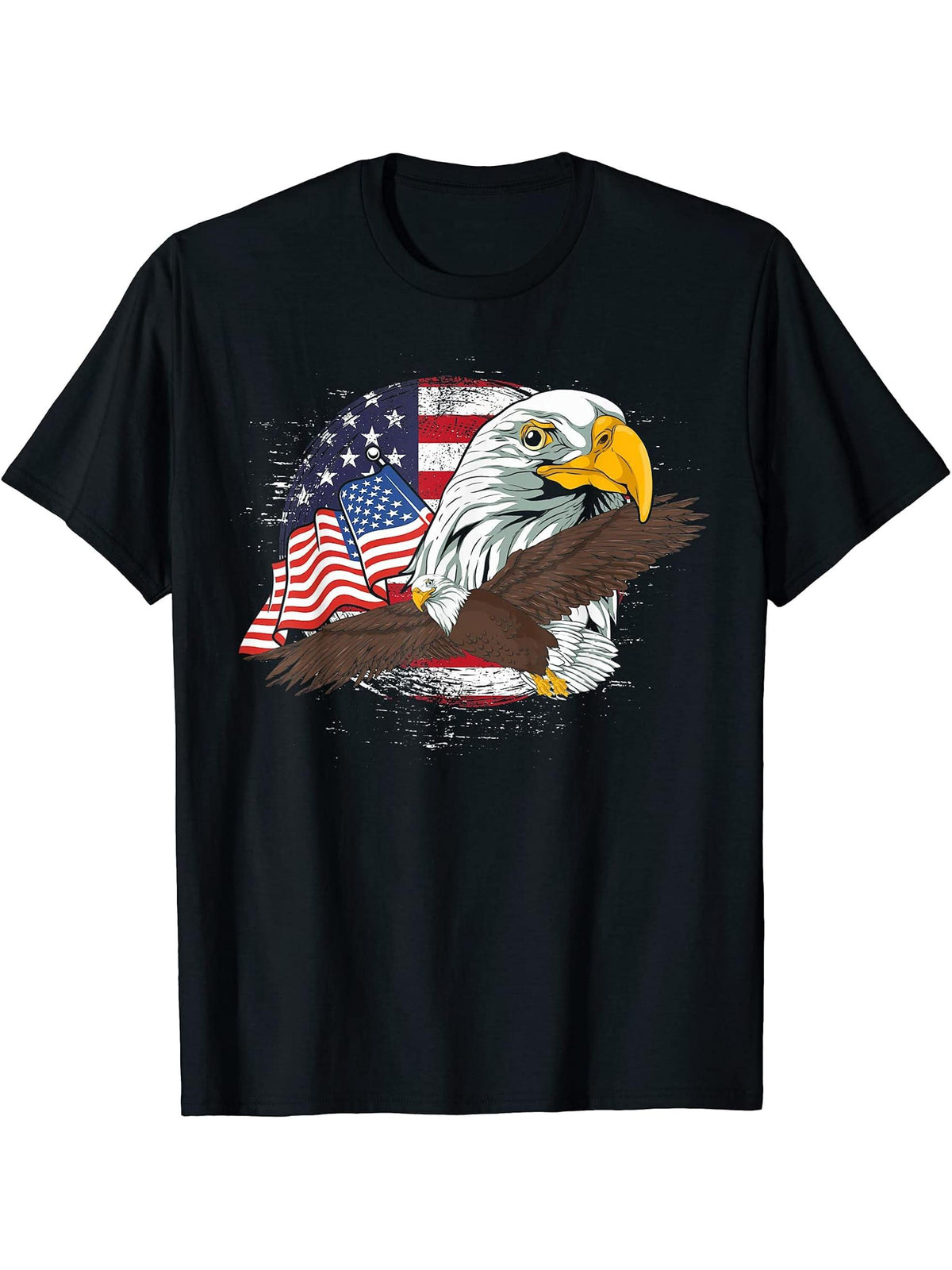 USA Flag 4th Of July Liberty Patriotic American Bald Eagle T-Shirt 180G 100% Cotton Printed Round Neck Short-Sleeve T-Shirt, Gifts for Men Dad Husband Grandpa, S-XXXL, Black