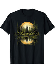 Nature Reflection Forest Trees Outdoor Wildlife T-Shirt 180G 100% Cotton Printed Round Neck Short-Sleeve T-Shirt, Gifts for Men Dad Husband Grandpa, S-XXXL, Black