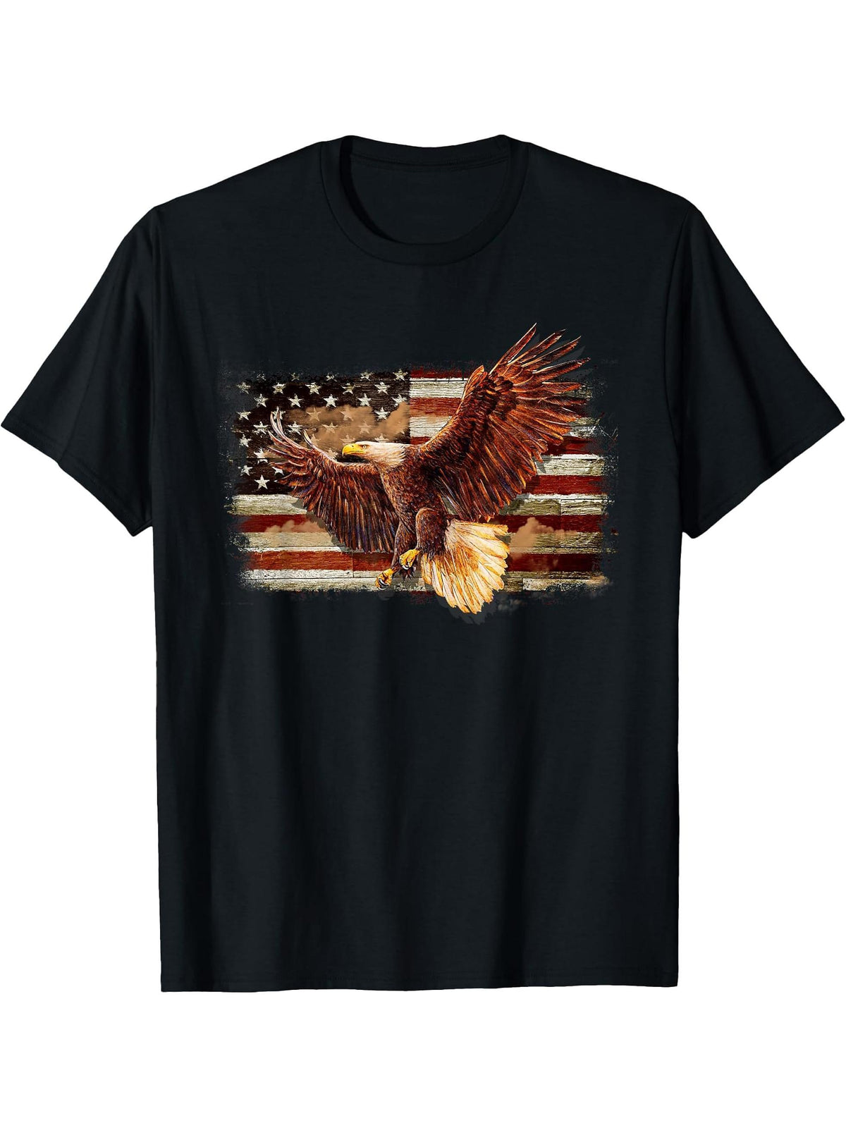 Bald Eagle 4th Of July American Flag Patriotic USA T-Shirt 180G 100% Cotton Printed Round Neck Short-Sleeve T-Shirt, Gifts for Men Dad Husband Grandpa, S-XXXL, Black
