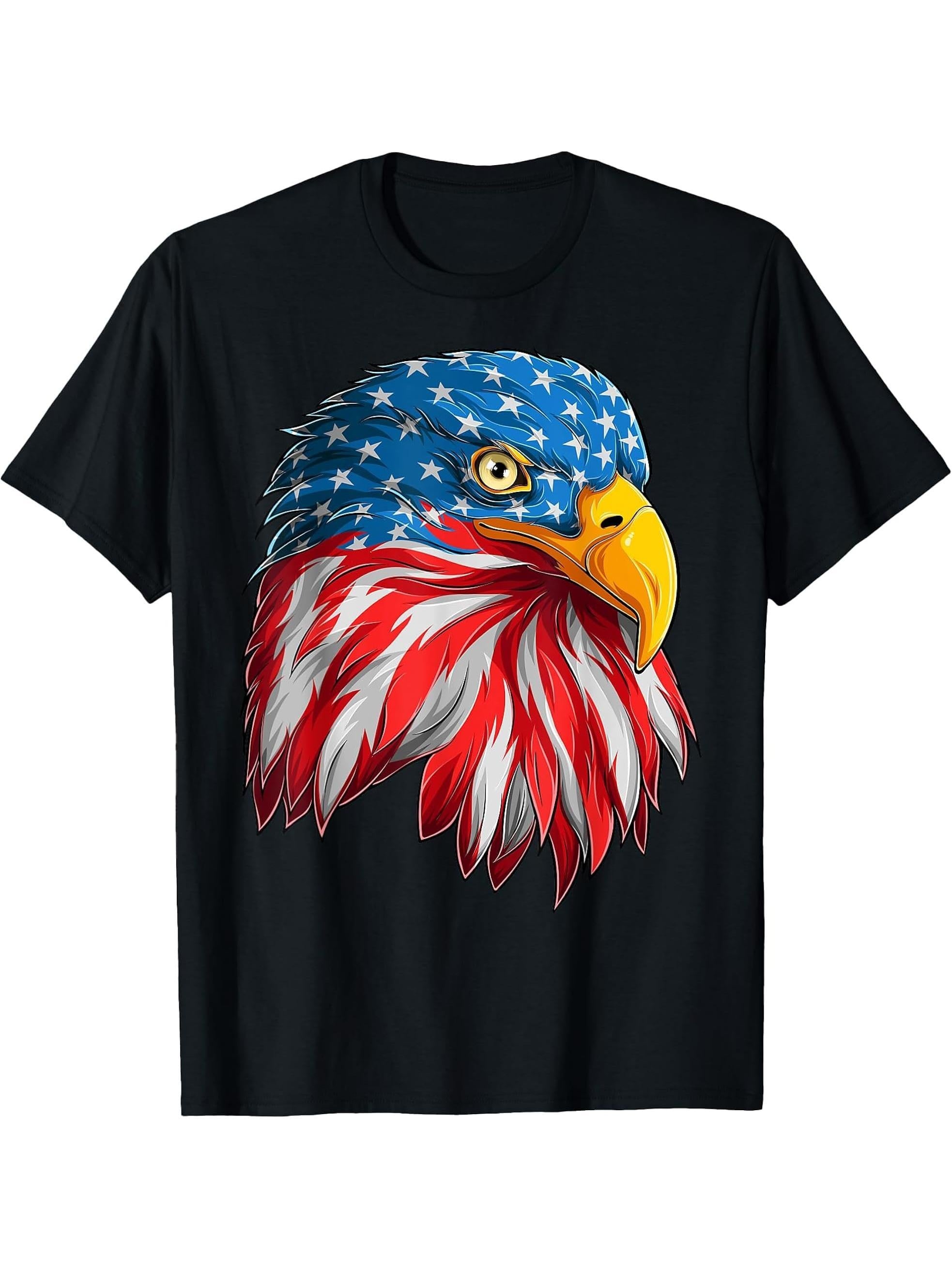 Bald Eagle USA American Flag T-Shirt 180G 100% Cotton Printed Round Neck Short-Sleeve T-Shirt, Gifts for Men Dad Husband Grandpa, S-XXXL, Black