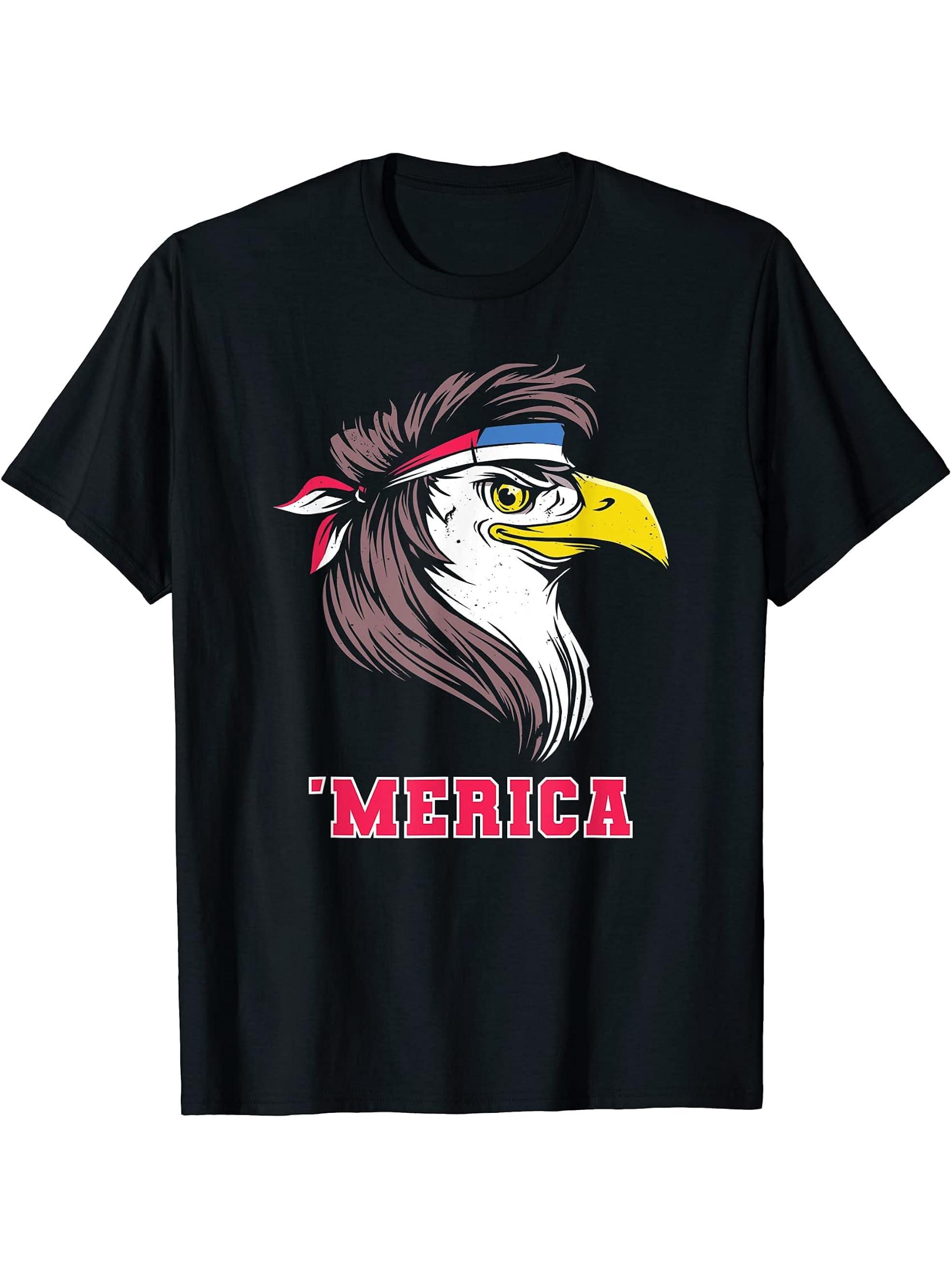 Merica Bald Eagle with Funny Mullet for Patriotic Americans T-Shirt 180G 100% Cotton Printed Round Neck Short-Sleeve T-Shirt, Gifts for Men Dad Husband Grandpa, S-XXXL, Black