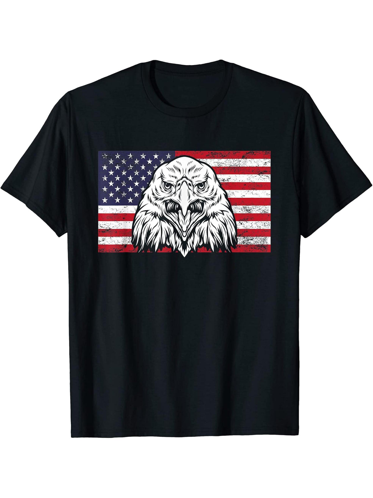 Happy 4th Of July USA Flag Bald Eagle Patriotic Eagle T-Shirt 180G 100% Cotton Printed Round Neck Short-Sleeve T-Shirt, Gifts for Men Dad Husband Grandpa, S-XXXL, Black