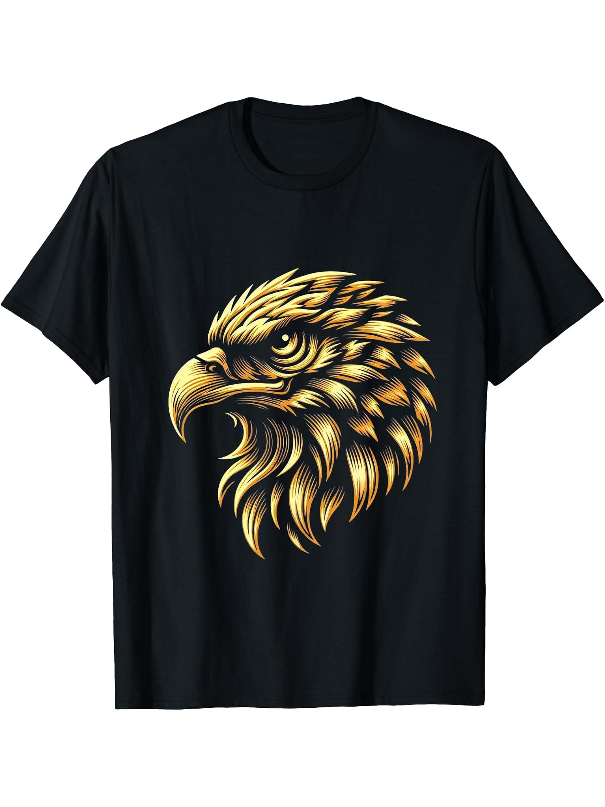 Golden American Bald Eagle Head Patriotic Design T-Shirt 180G 100% Cotton Printed Round Neck Short-Sleeve T-Shirt, Gifts for Men Dad Husband Grandpa, S-XXXL, Black