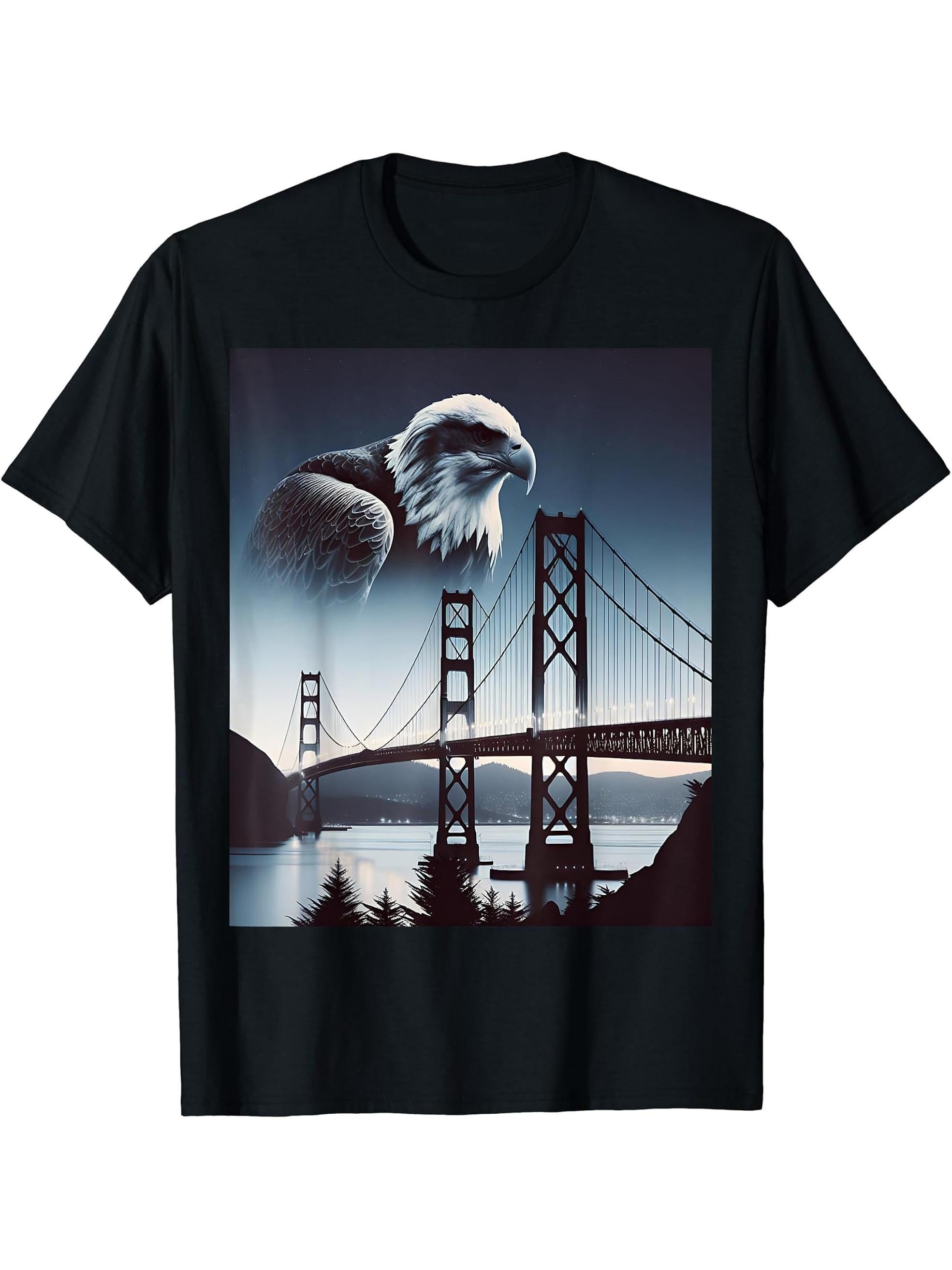 Bald Eagle Over American Bridge T-Shirt 180G 100% Cotton Printed Round Neck Short-Sleeve T-Shirt, Gifts for Men Dad Husband Grandpa, S-XXXL, Black