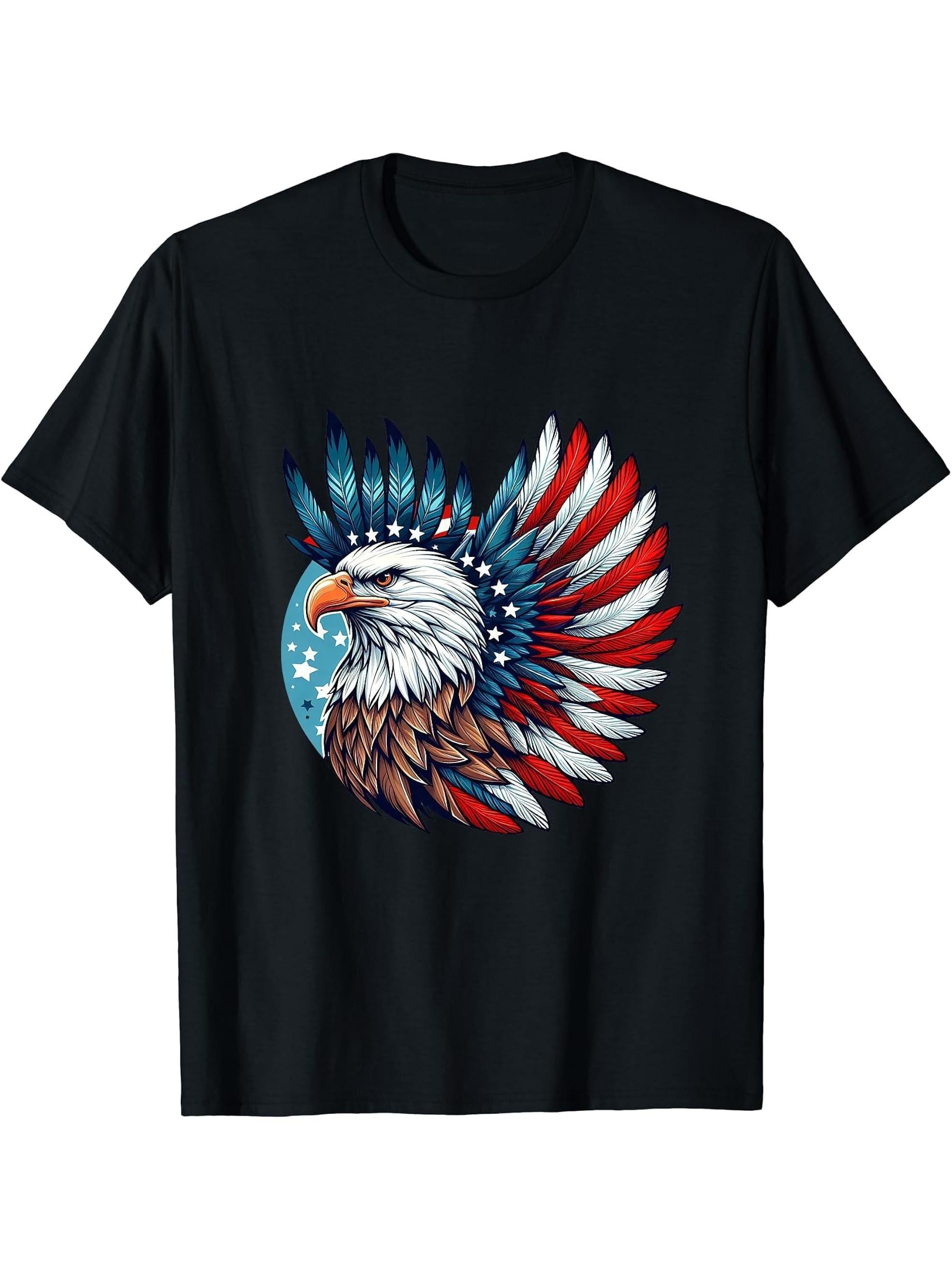 American Bald Eagle USA Flag Shirt 4th of July Eagle USA T-Shirt 180G 100% Cotton Printed Round Neck Short-Sleeve T-Shirt, Gifts for Men Dad Husband Grandpa, S-XXXL, Black