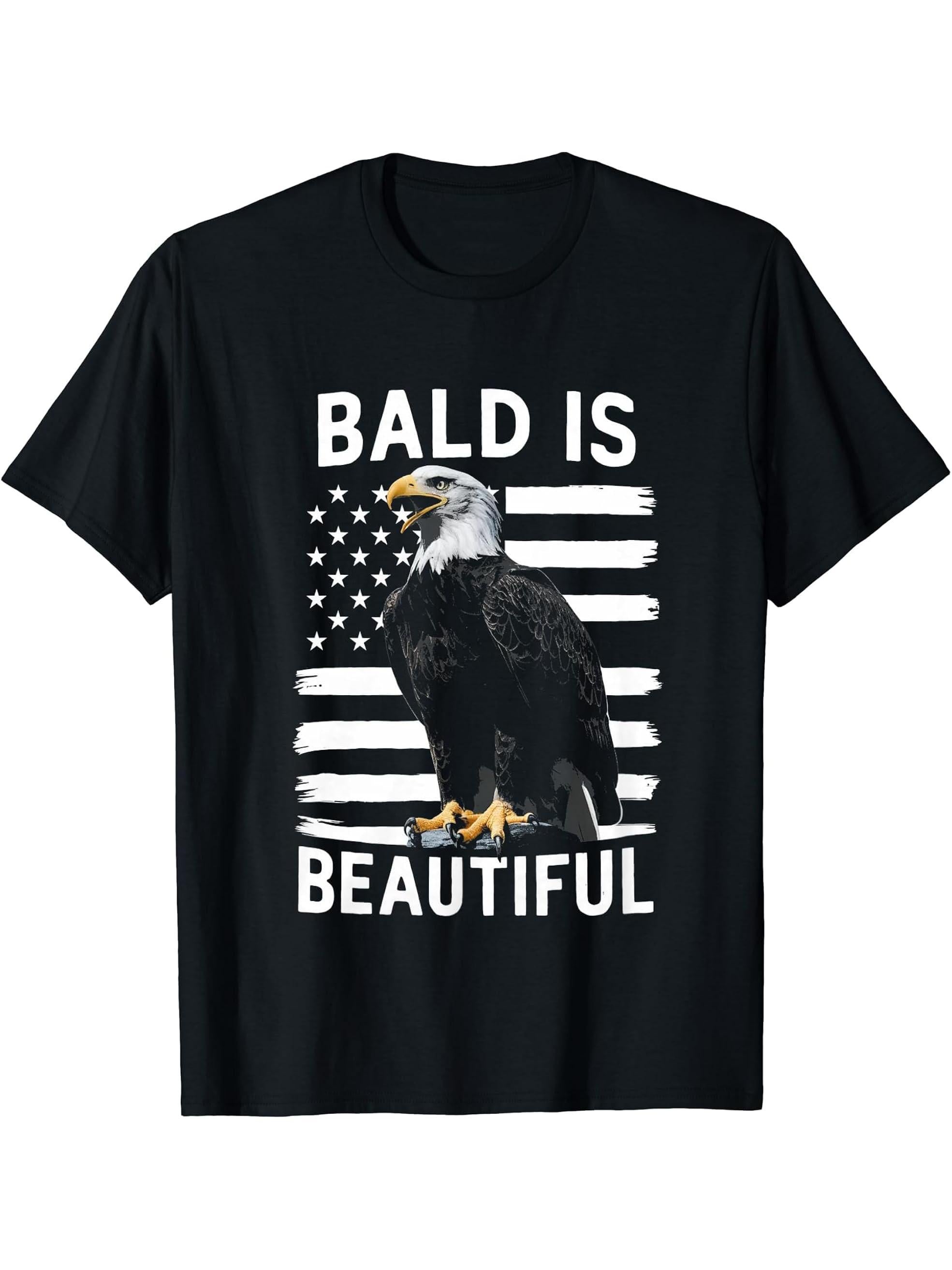 Bald Is Beautiful 4th of July Bald Eagle Patriotic Vintage T-Shirt 180G 100% Cotton Printed Round Neck Short-Sleeve T-Shirt, Gifts for Men Dad Husband Grandpa, S-XXXL, Black