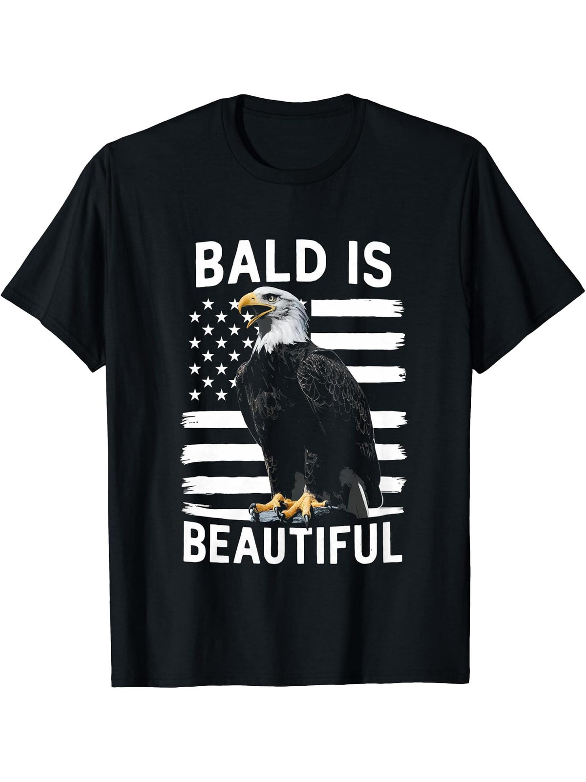 Bald Is Beautiful 4th of July Bald Eagle Patriotic Vintage T-Shirt 180G 100% Cotton Printed Round Neck Short-Sleeve T-Shirt, Gifts for Men Dad Husband Grandpa, S-XXXL, Black