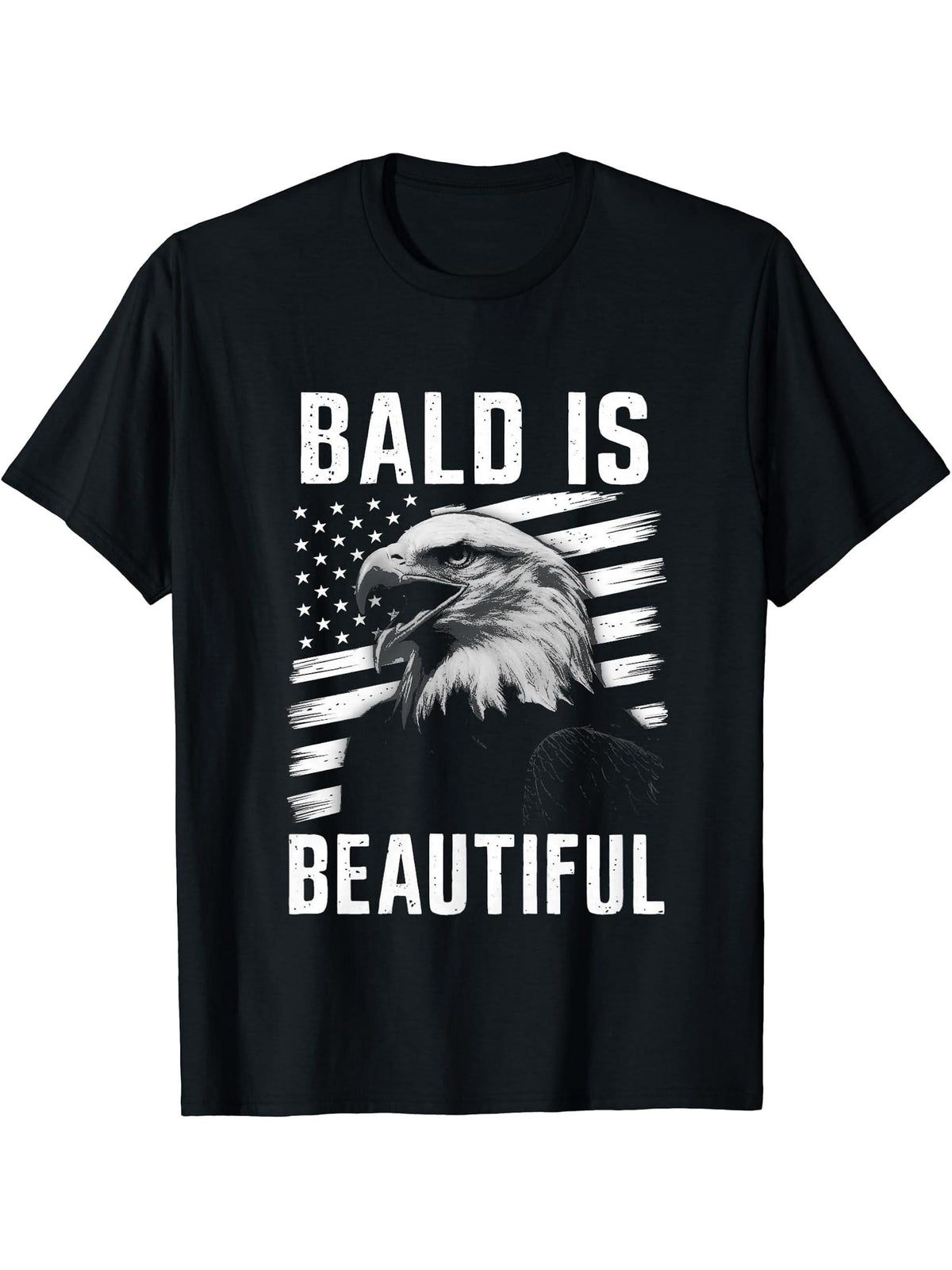 Bald Is Beautiful 4th of July Bald Eagle Patriotic Vintage T-Shirt 180G 100% Cotton Printed Round Neck Short-Sleeve T-Shirt, Gifts for Men Dad Husband Grandpa, S-XXXL, Black