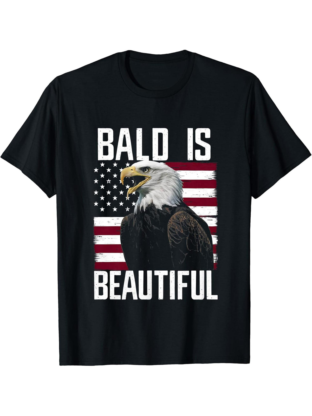 Bald Is Beautiful 4th of July Bald Eagle Patriotic Vintage T-Shirt 180G 100% Cotton Printed Round Neck Short-Sleeve T-Shirt, Gifts for Men Dad Husband Grandpa, S-XXXL, Black