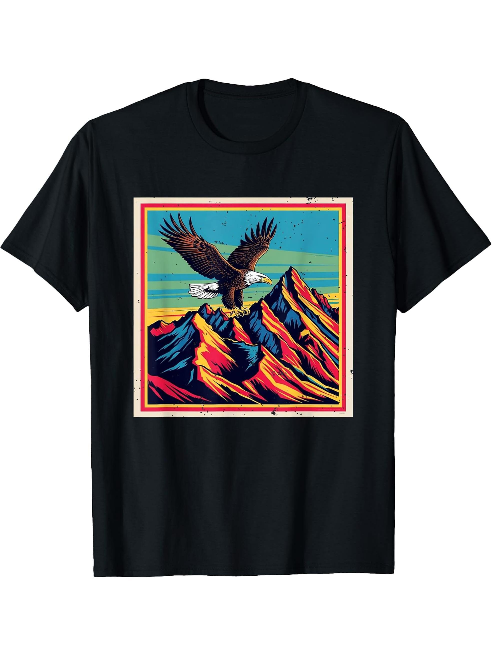Majestic Bald Eagle Soaring Over Mountain Peaks Nature T-Shirt 180G 100% Cotton Printed Round Neck Short-Sleeve T-Shirt, Gifts for Men Dad Husband Grandpa, S-XXXL, Black
