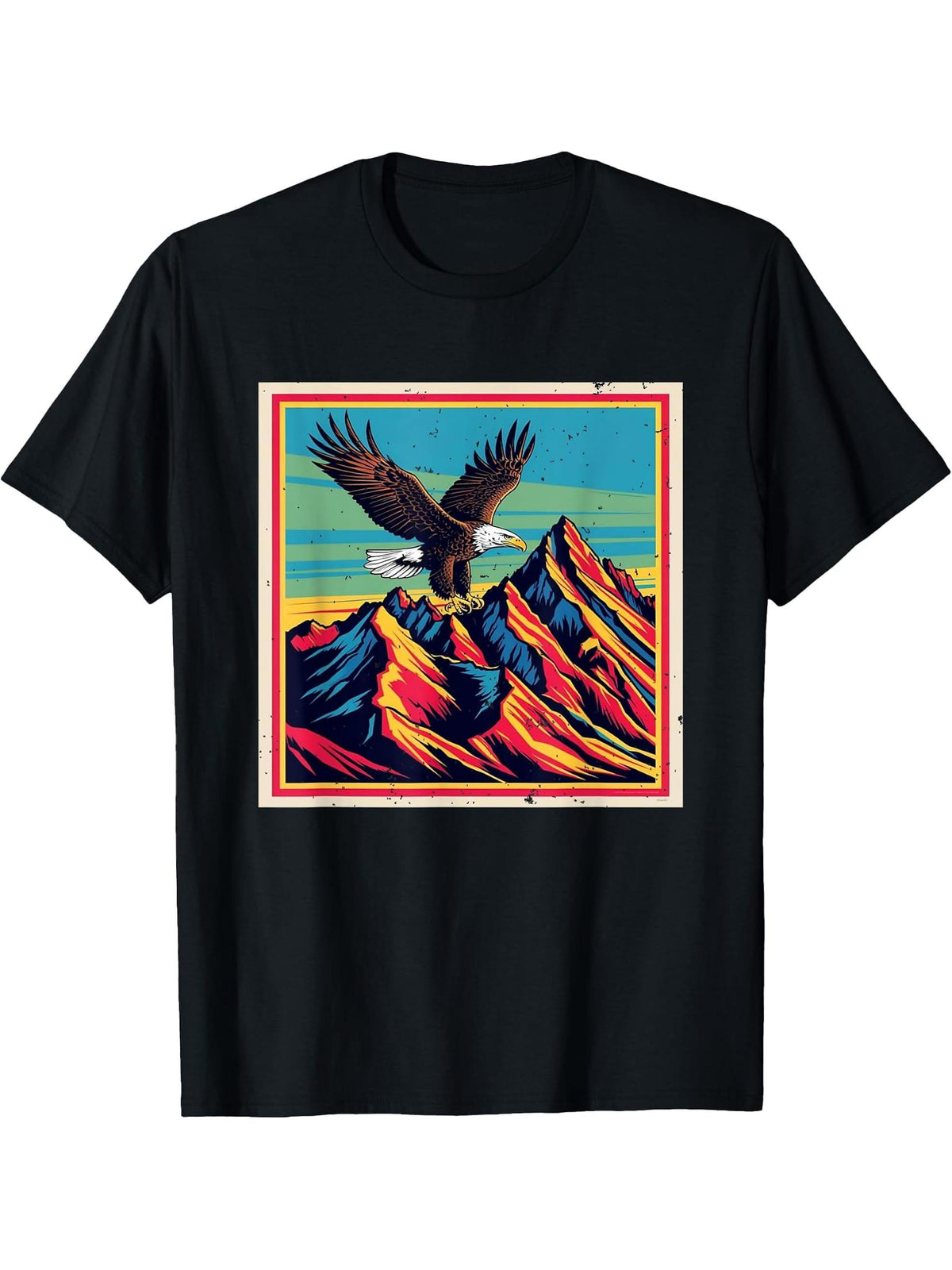 Majestic Bald Eagle Soaring Over Mountain Peaks Nature T-Shirt 180G 100% Cotton Printed Round Neck Short-Sleeve T-Shirt, Gifts for Men Dad Husband Grandpa, S-XXXL, Black