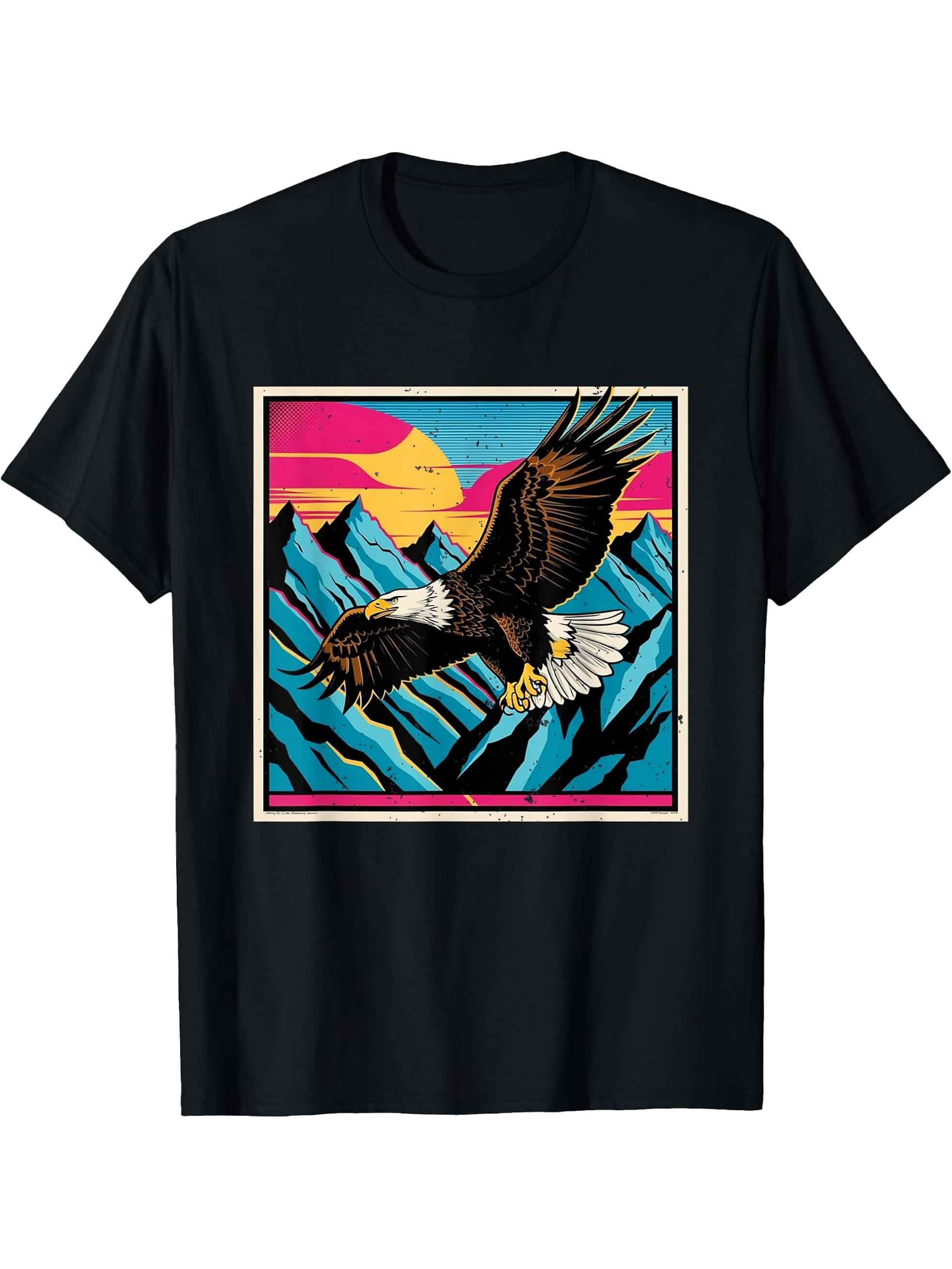 Majestic Bald Eagle Soaring Over Mountain Peaks Nature T-Shirt 180G 100% Cotton Printed Round Neck Short-Sleeve T-Shirt, Gifts for Men Dad Husband Grandpa, S-XXXL, Black