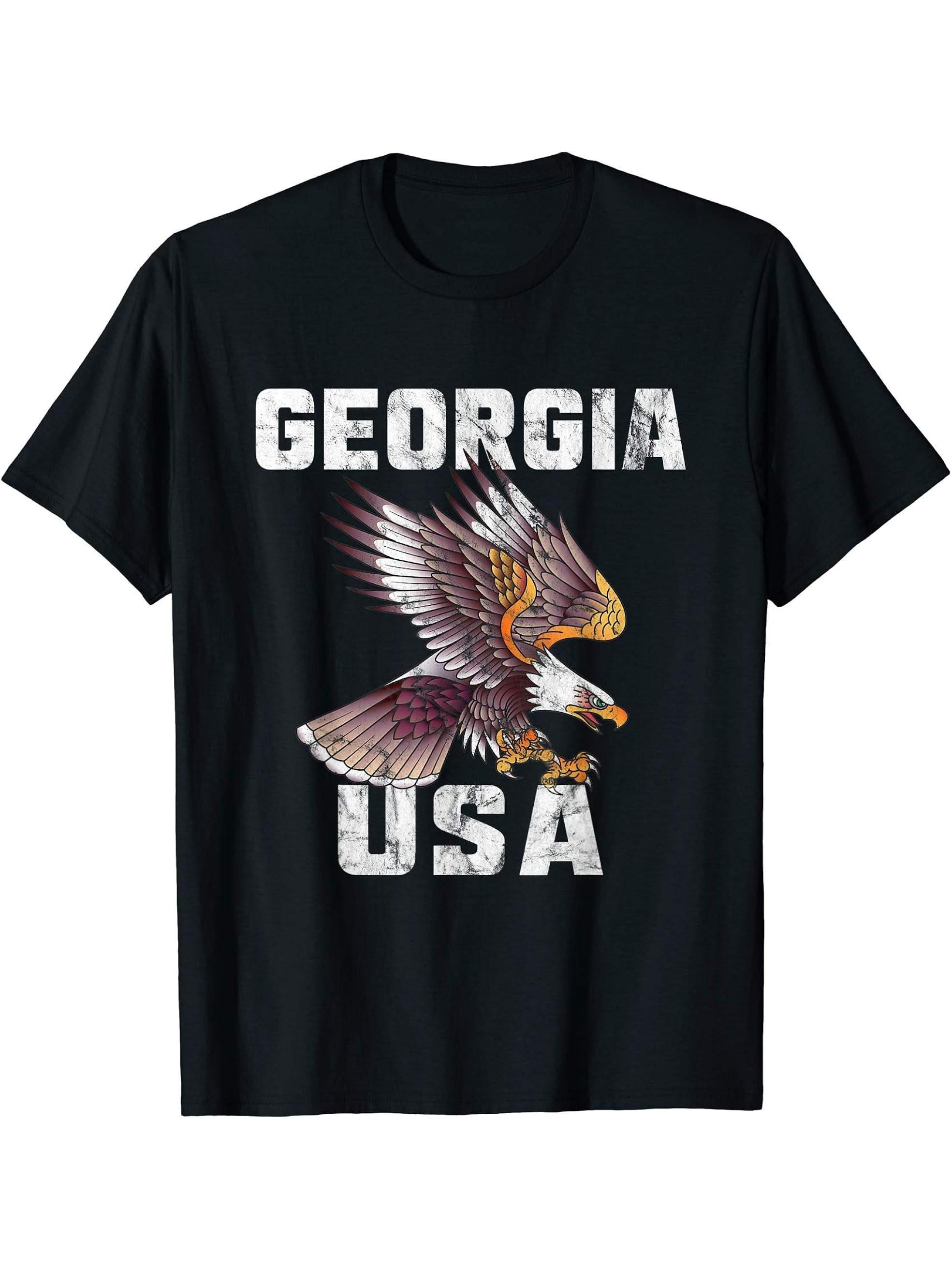 Retro Distressed Georgia USA Bald Eagle Gift T-Shirt 180G 100% Cotton Printed Round Neck Short-Sleeve T-Shirt, Gifts for Men Dad Husband Grandpa, S-XXXL, Black