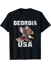 Retro Distressed Georgia USA Bald Eagle Gift T-Shirt 180G 100% Cotton Printed Round Neck Short-Sleeve T-Shirt, Gifts for Men Dad Husband Grandpa, S-XXXL, Black