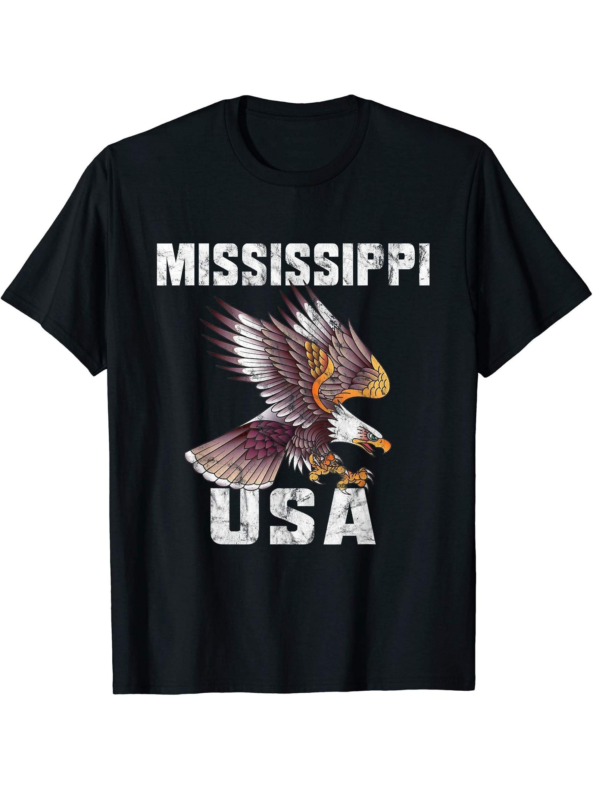 Retro Distressed Mississippi USA Bald Eagle Gift T-Shirt 180G 100% Cotton Printed Round Neck Short-Sleeve T-Shirt, Gifts for Men Dad Husband Grandpa, S-XXXL, Black