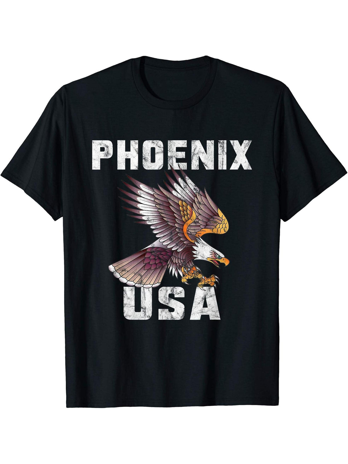 Retro Distressed Phoenix AZ USA Bald Eagle Gift T-Shirt 180G 100% Cotton Printed Round Neck Short-Sleeve T-Shirt, Gifts for Men Dad Husband Grandpa, S-XXXL, Black