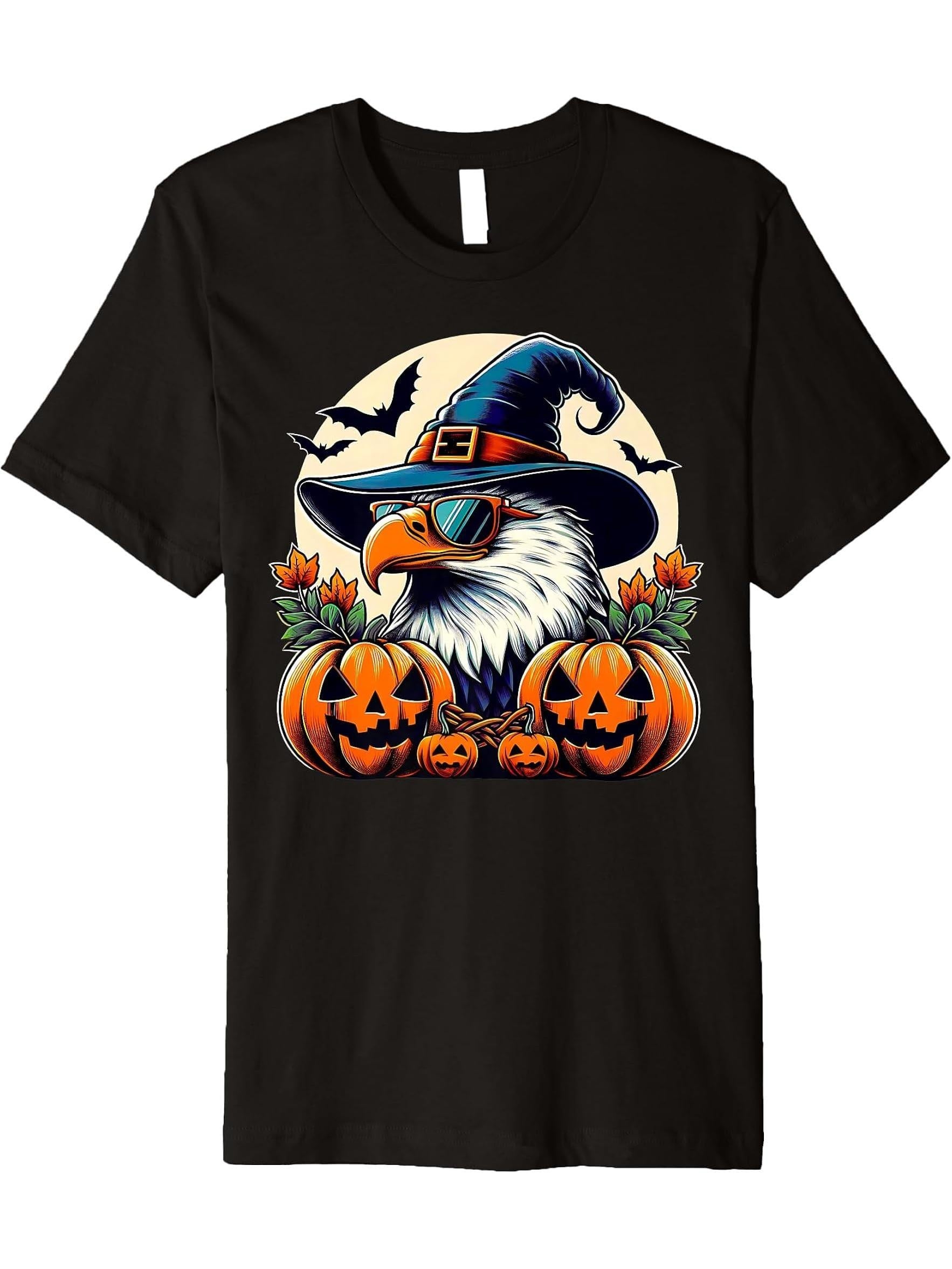 Cute Bald Eagle Witch Halloween Pumpkin Eagle Lover Premium T-Shirt 180G 100% Cotton Printed Round Neck Short-Sleeve T-Shirt, Gifts for Men Dad Husband Grandpa, S-XXXL, Black