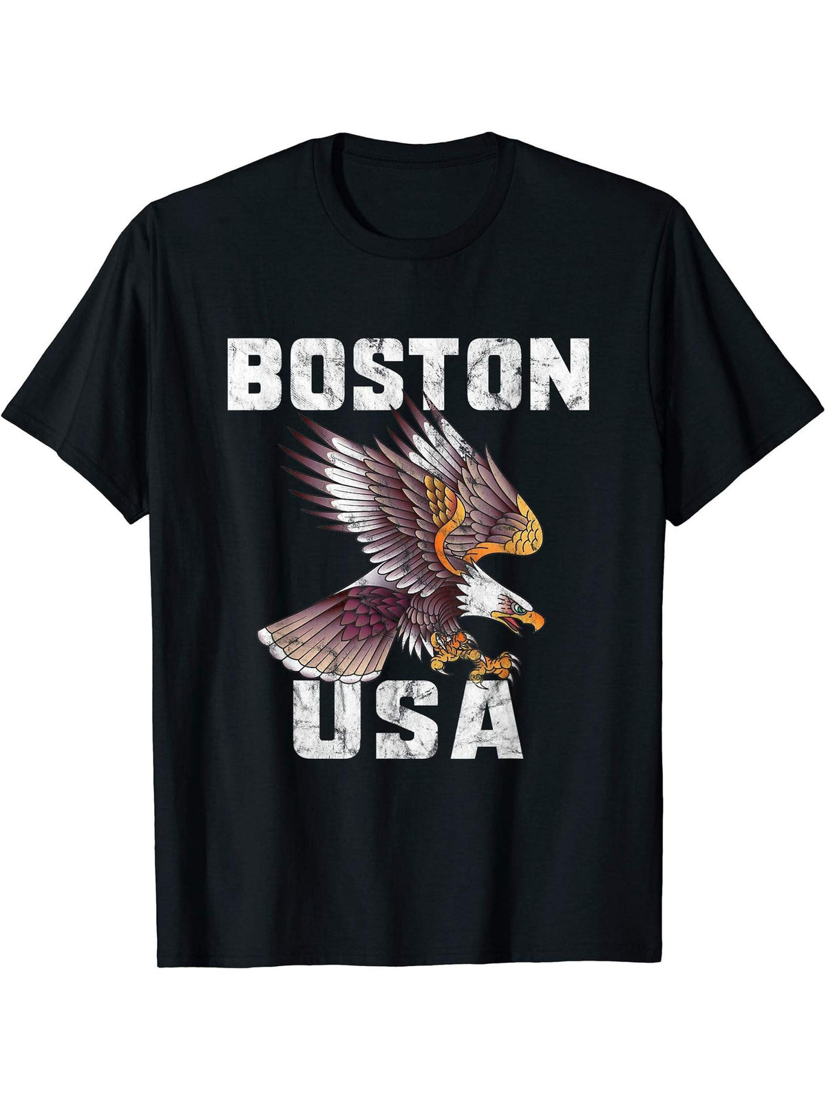 Retro Distressed Boston USA Bald Eagle Gift T-Shirt 180G 100% Cotton Printed Round Neck Short-Sleeve T-Shirt, Gifts for Men Dad Husband Grandpa, S-XXXL, Black