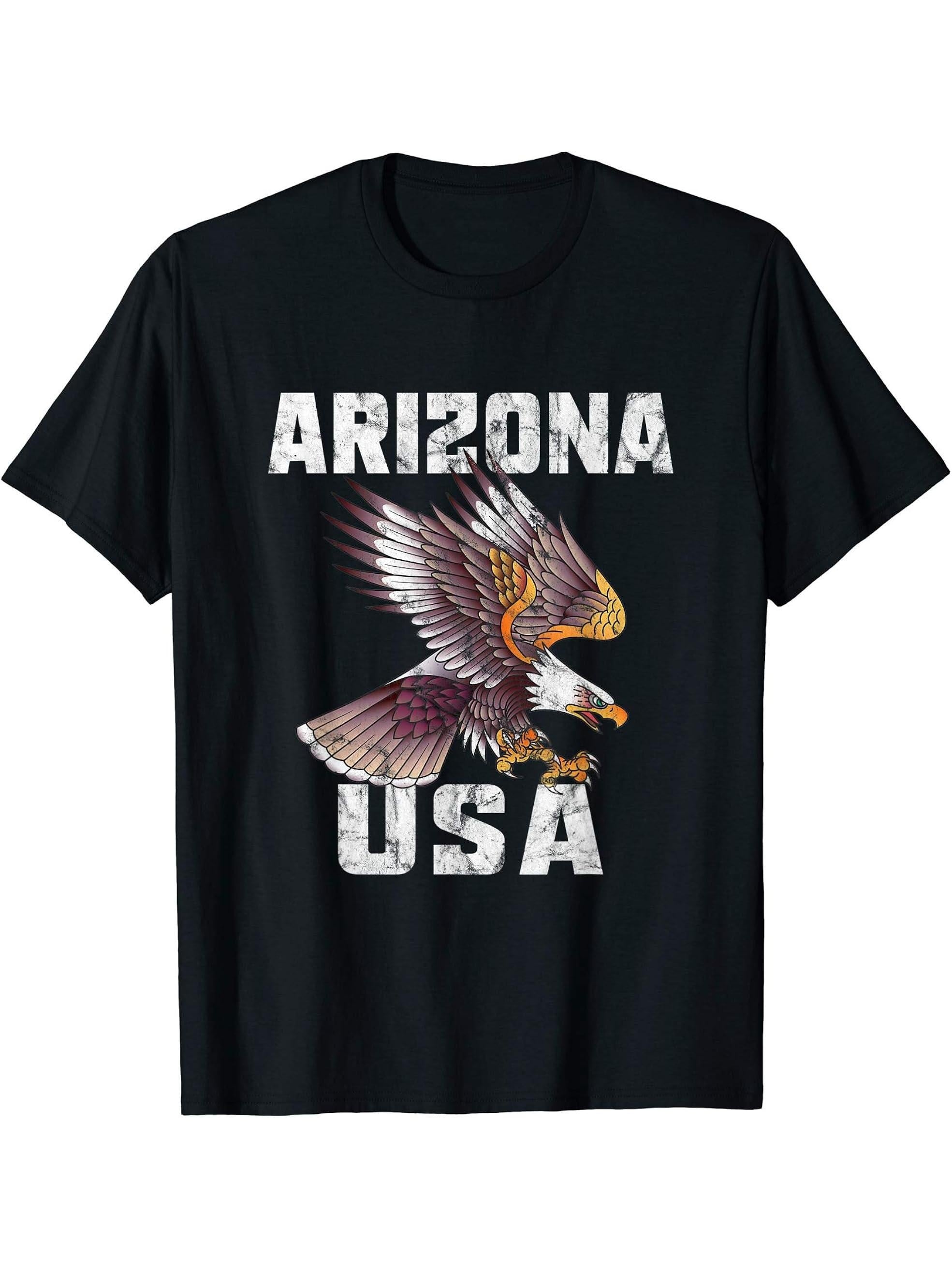 Retro Distressed Arizona USA Bald Eagle Gift T-Shirt 180G 100% Cotton Printed Round Neck Short-Sleeve T-Shirt, Gifts for Men Dad Husband Grandpa, S-XXXL, Black