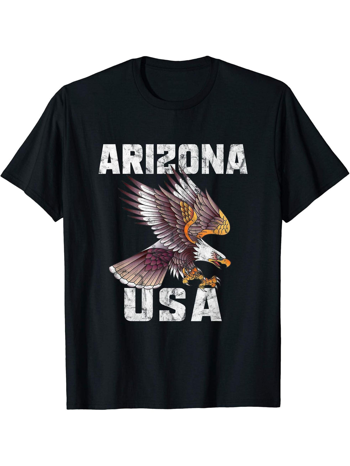 Retro Distressed Arizona USA Bald Eagle Gift T-Shirt 180G 100% Cotton Printed Round Neck Short-Sleeve T-Shirt, Gifts for Men Dad Husband Grandpa, S-XXXL, Black
