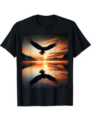 Bald Eagle Over Serene Lake T-Shirt 180G 100% Cotton Printed Round Neck Short-Sleeve T-Shirt, Gifts for Men Dad Husband Grandpa, S-XXXL, Black