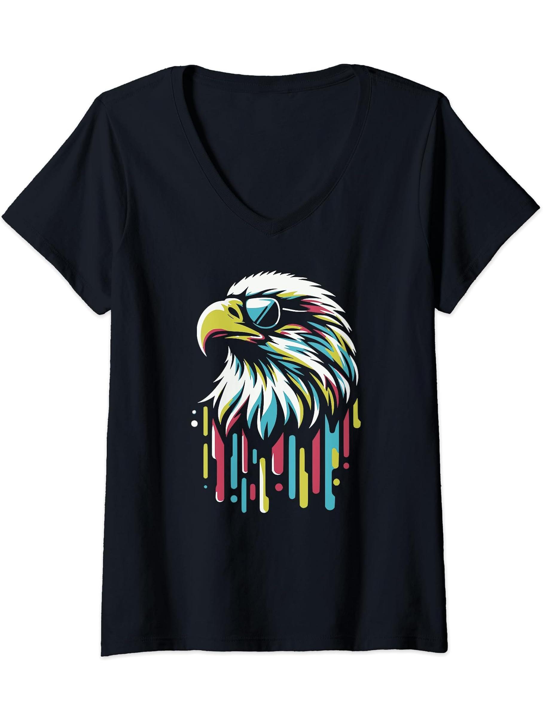 Womens Cool Bald Eagle Sunglasses Graphic Colorful Art Design V-Neck T-Shirt 180G 100% Cotton Printed Round Neck Short-Sleeve T-Shirt, Gifts for Men Dad Husband Grandpa, S-XXXL, Black