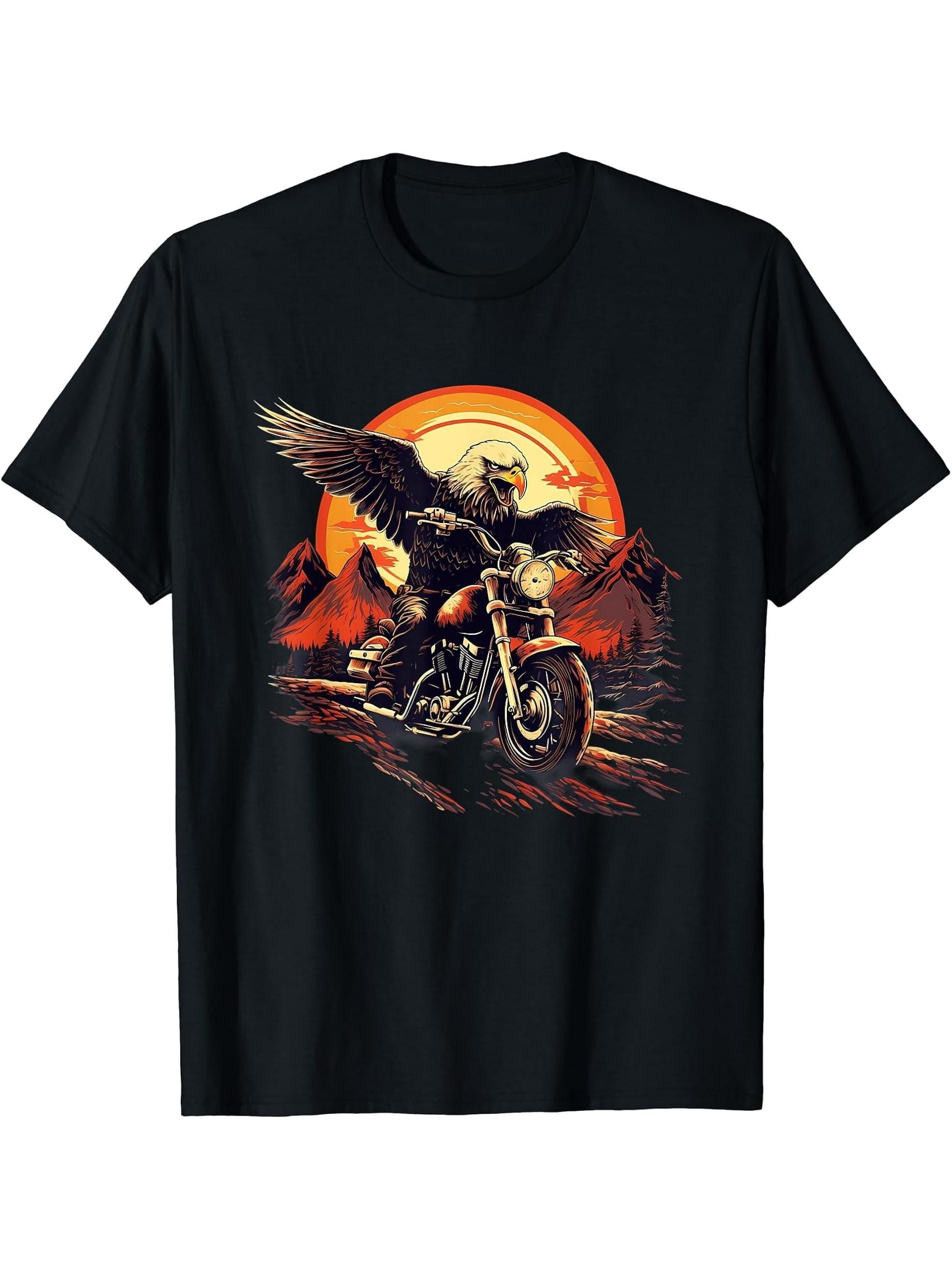 Biker Bald Eagle Riding Motorbike T-Shirt 180G 100% Cotton Printed Round Neck Short-Sleeve T-Shirt, Gifts for Men Dad Husband Grandpa, S-XXXL, Black