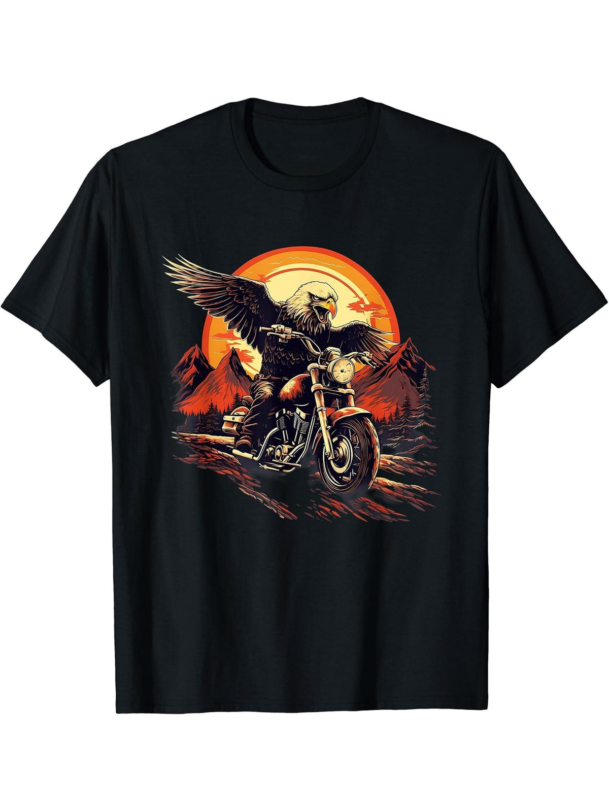 Biker Bald Eagle Riding Motorbike T-Shirt 180G 100% Cotton Printed Round Neck Short-Sleeve T-Shirt, Gifts for Men Dad Husband Grandpa, S-XXXL, Black