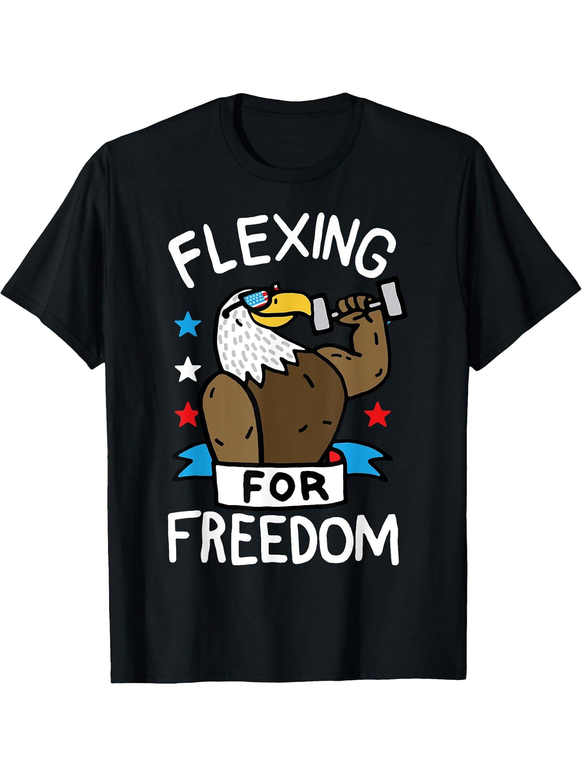 Flexing For Freedom Stars Bald Eagle Weight Lifting T-Shirt 180G 100% Cotton Printed Round Neck Short-Sleeve T-Shirt, Gifts for Men Dad Husband Grandpa, S-XXXL, Black