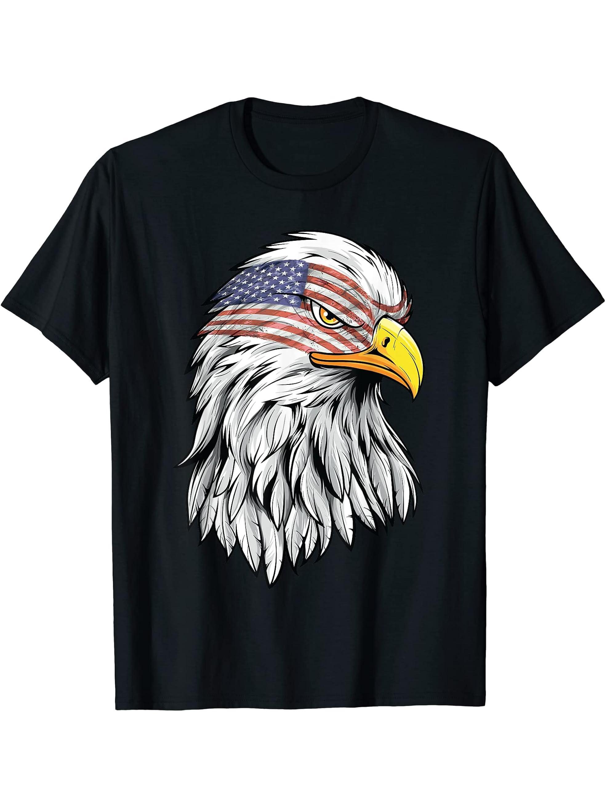 Patriotic Bald Eagle USA American Flag 4th of July T-Shirt 180G 100% Cotton Printed Round Neck Short-Sleeve T-Shirt, Gifts for Men Dad Husband Grandpa, S-XXXL, Black