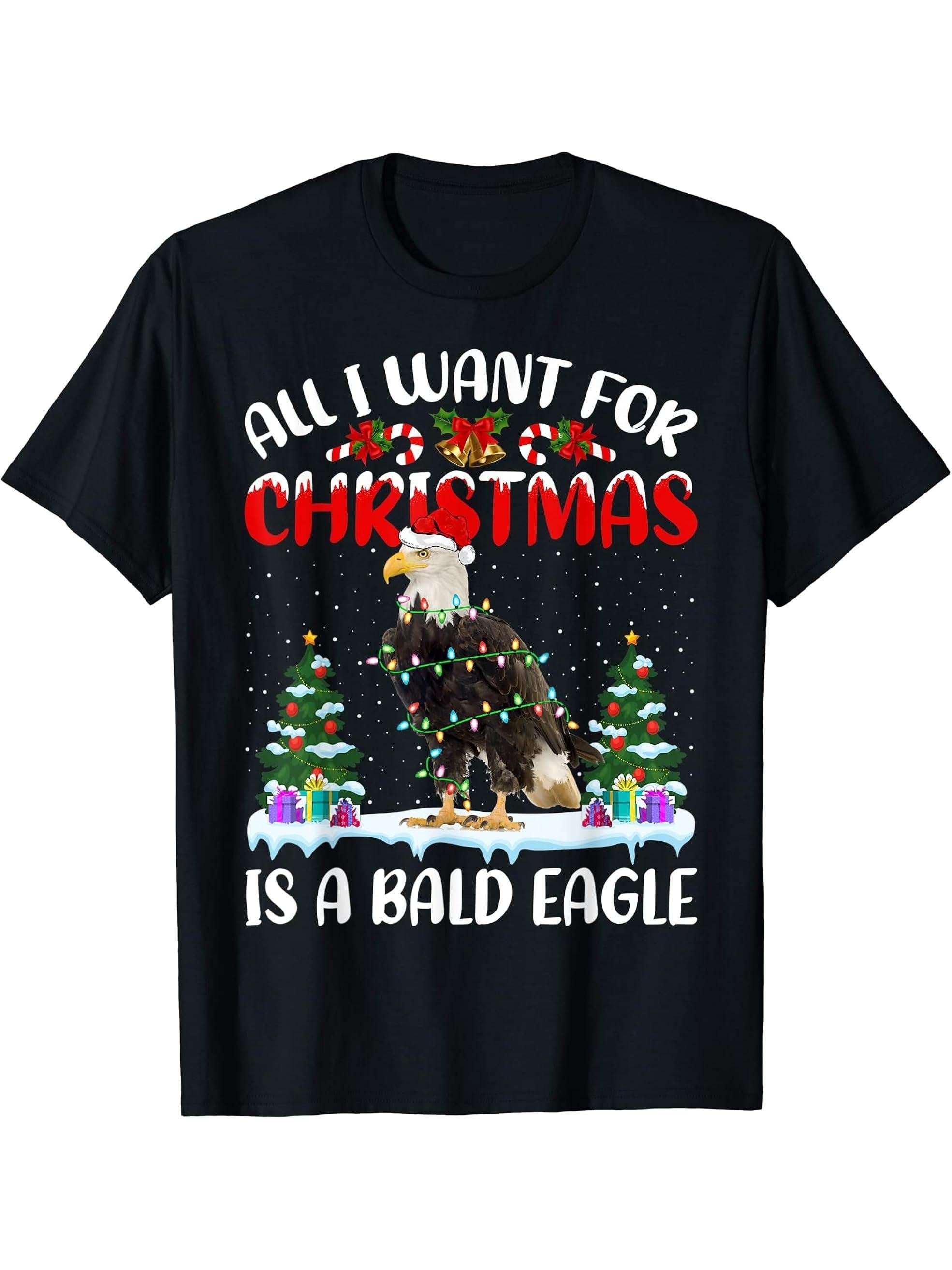 Funny Santa Hat All I Want For Christmas Is A Bald Eagle T-Shirt 180G 100% Cotton Printed Round Neck Short-Sleeve T-Shirt, Gifts for Men Dad Husband Grandpa, S-XXXL, Black