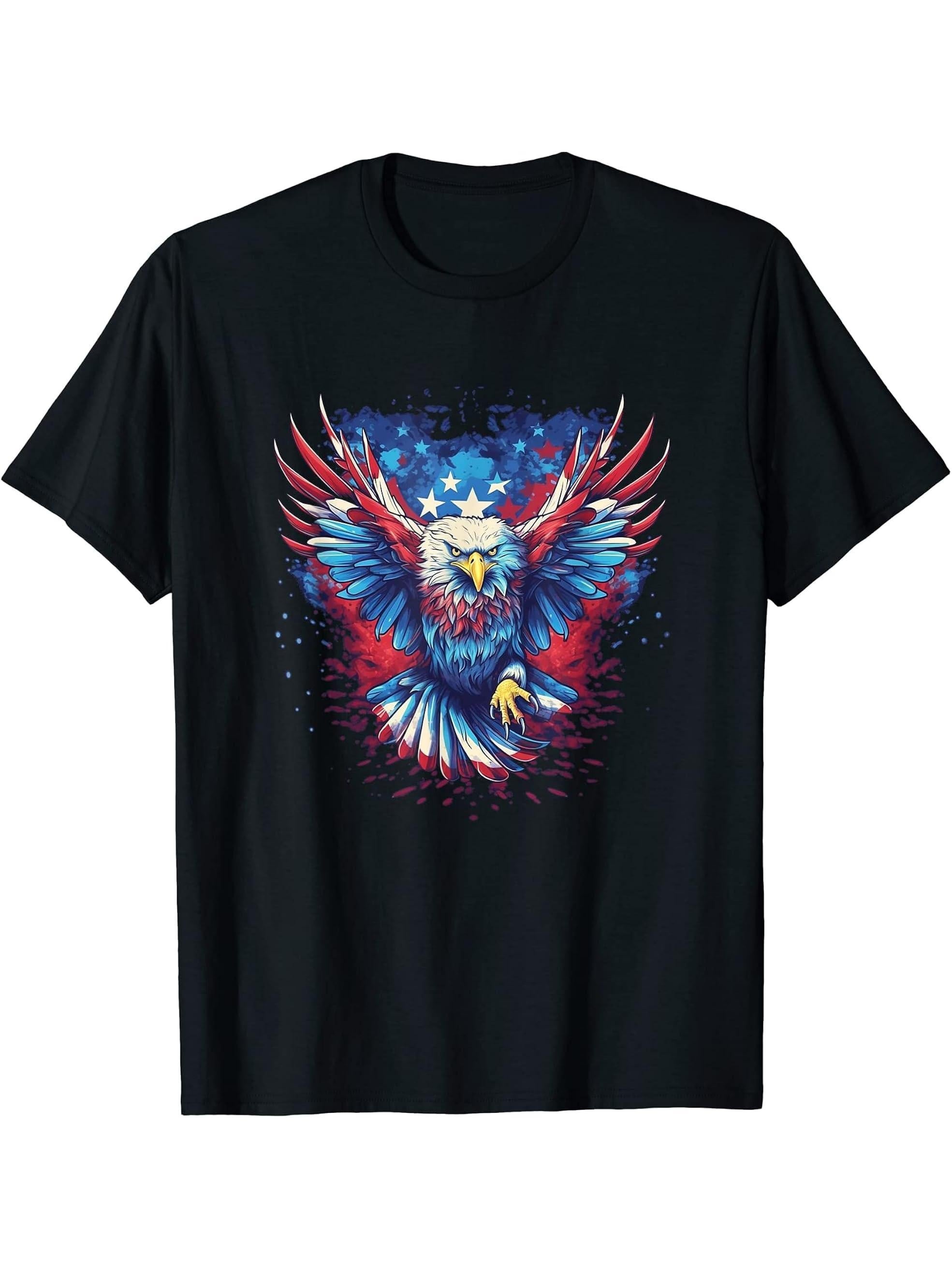 American Bald Eagle Men Women Boy Girl T-Shirt 180G 100% Cotton Printed Round Neck Short-Sleeve T-Shirt, Gifts for Men Dad Husband Grandpa, S-XXXL, Black