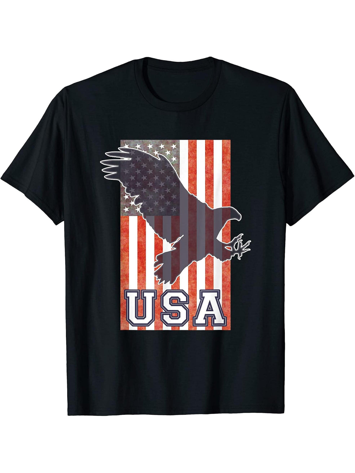 USA Bald Eagle American Flag Vintage Patriotic T-Shirt 180G 100% Cotton Printed Round Neck Short-Sleeve T-Shirt, Gifts for Men Dad Husband Grandpa, S-XXXL, Black