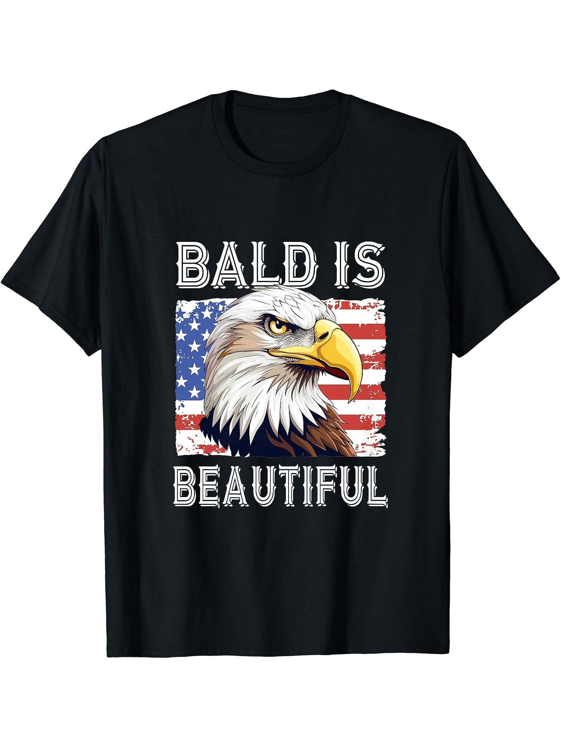 Bald Eagle Bald Is Beautiful T-Shirt 180G 100% Cotton Printed Round Neck Short-Sleeve T-Shirt, Gifts for Men Dad Husband Grandpa, S-XXXL, Black