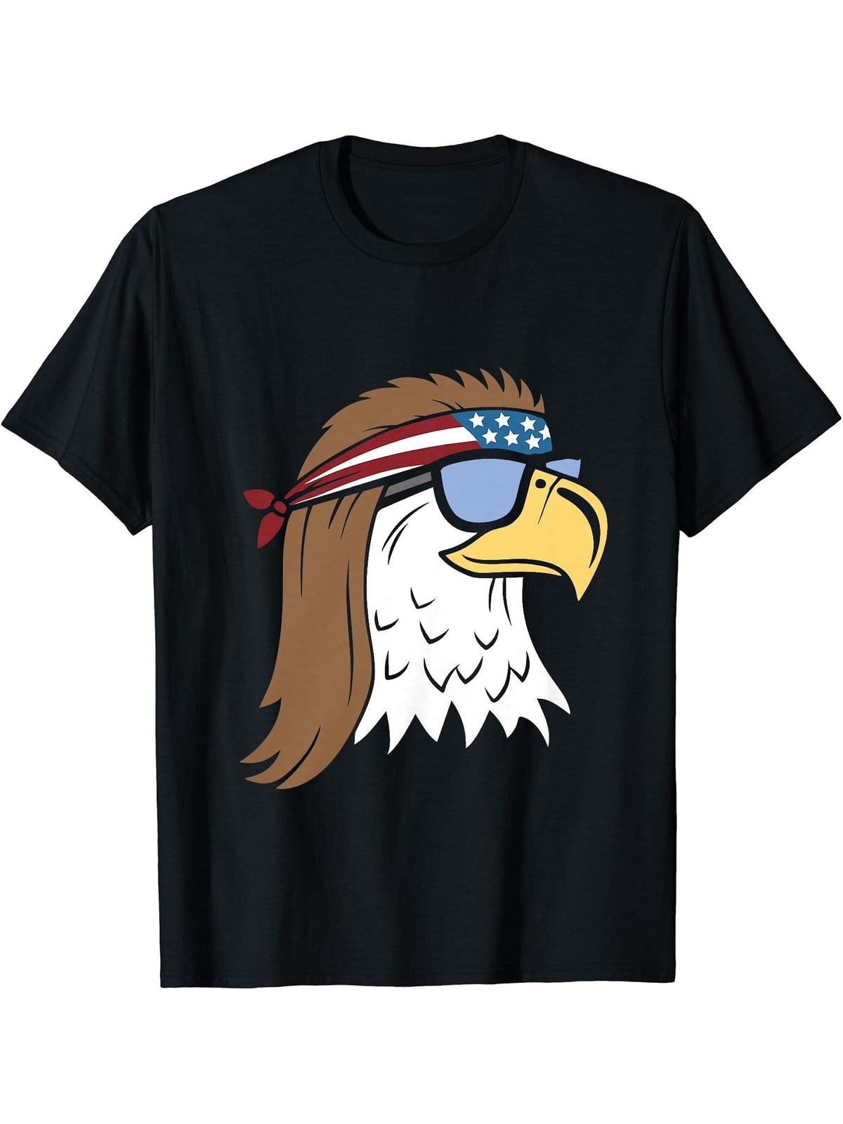 Patriotic Bald Eagle with Mullet, 4th of July Retro USA T-Shirt 180G 100% Cotton Printed Round Neck Short-Sleeve T-Shirt, Gifts for Men Dad Husband Grandpa, S-XXXL, Black